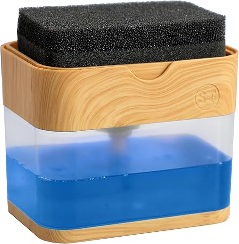 S&T INC. Dispensador de jabón para platos y soporte de esponja para fregadero de cocina, etiquetas impermeables y esponja incluidas, 13 onzas,