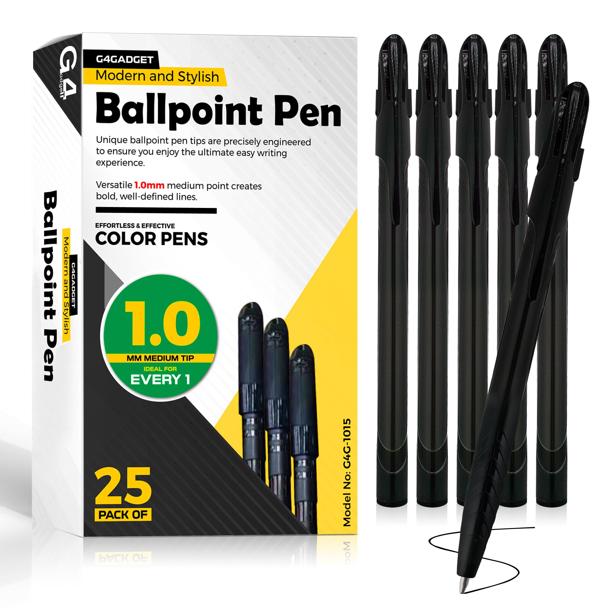 G4GADGET Ballpoint Pens Black Ink 25-Pack โ Smooth Writing Biro Pens Multipack (1.0mm Medium Point) โ Comfortable Grip & Consistent Ink Flow โ Black Pens for School, Office, Home, Stationery & Teacher