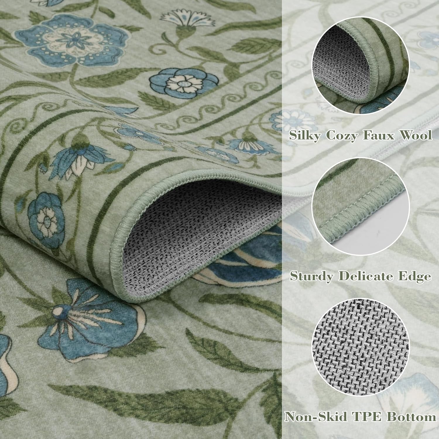 Collive 2 x 6 Runners for Hallway, Washable Kitchen Runner Rug Non-Slip, Green Spring Floral Soft Bedroom Rugs Modern Vintage Bathroom Mat Low Pile Stain Resistant Carpets for Indoor Decor