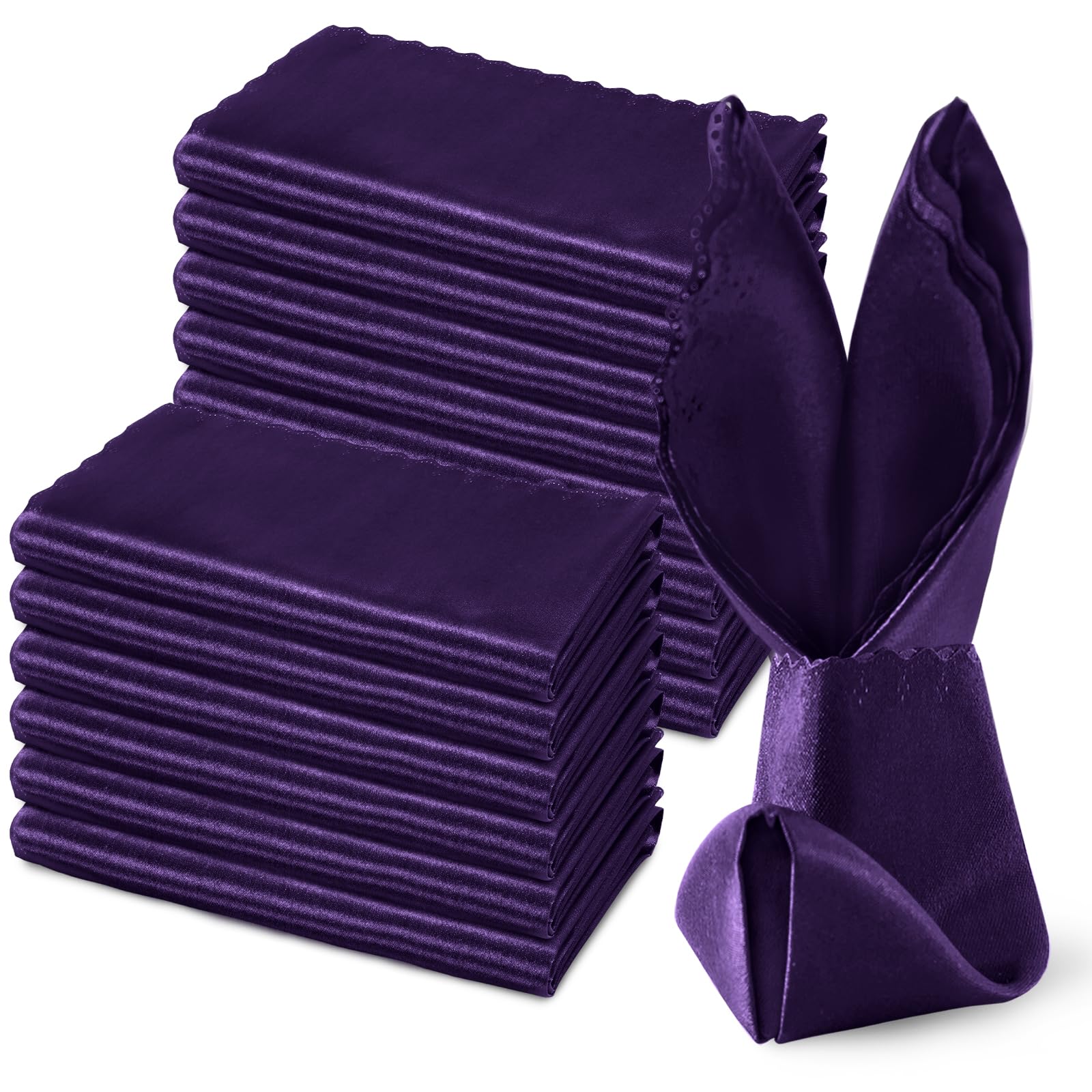 Photo 1 of 30 Pack Purple Satin Napkins 20 x 20 Inch Cloth Napkins, Scalloped Square Dinner Napkins Silky Table Napkins Satin Wedding Napkins Bulk for Restaurant Banquet Graduation Party Decoration 30 Pieces Purple
