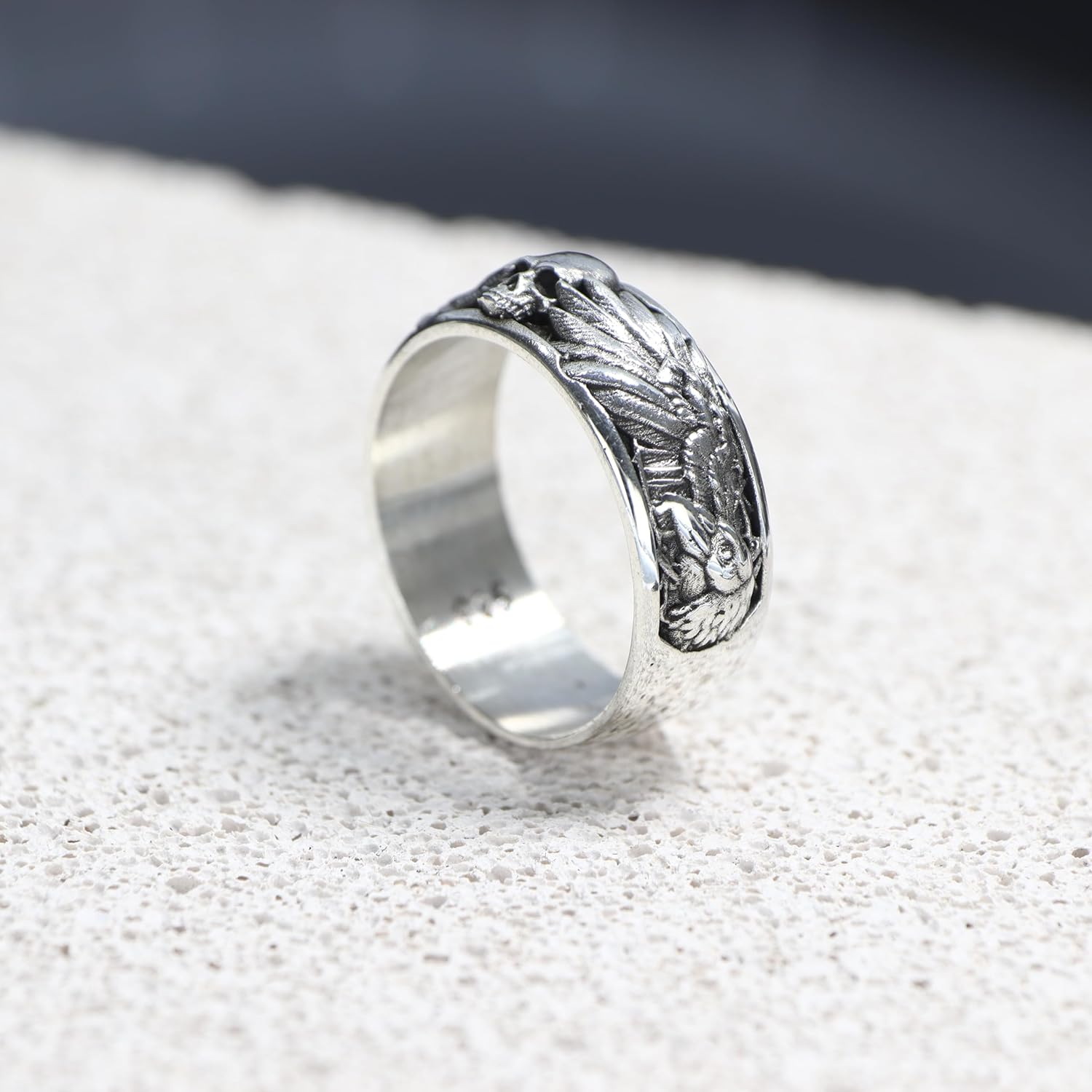 Handmade Raven and Skull Band Ring, Gothic Men Ring, Biker Ring, 925 Sterling Silver Ring, Mythological Ring - Image 5