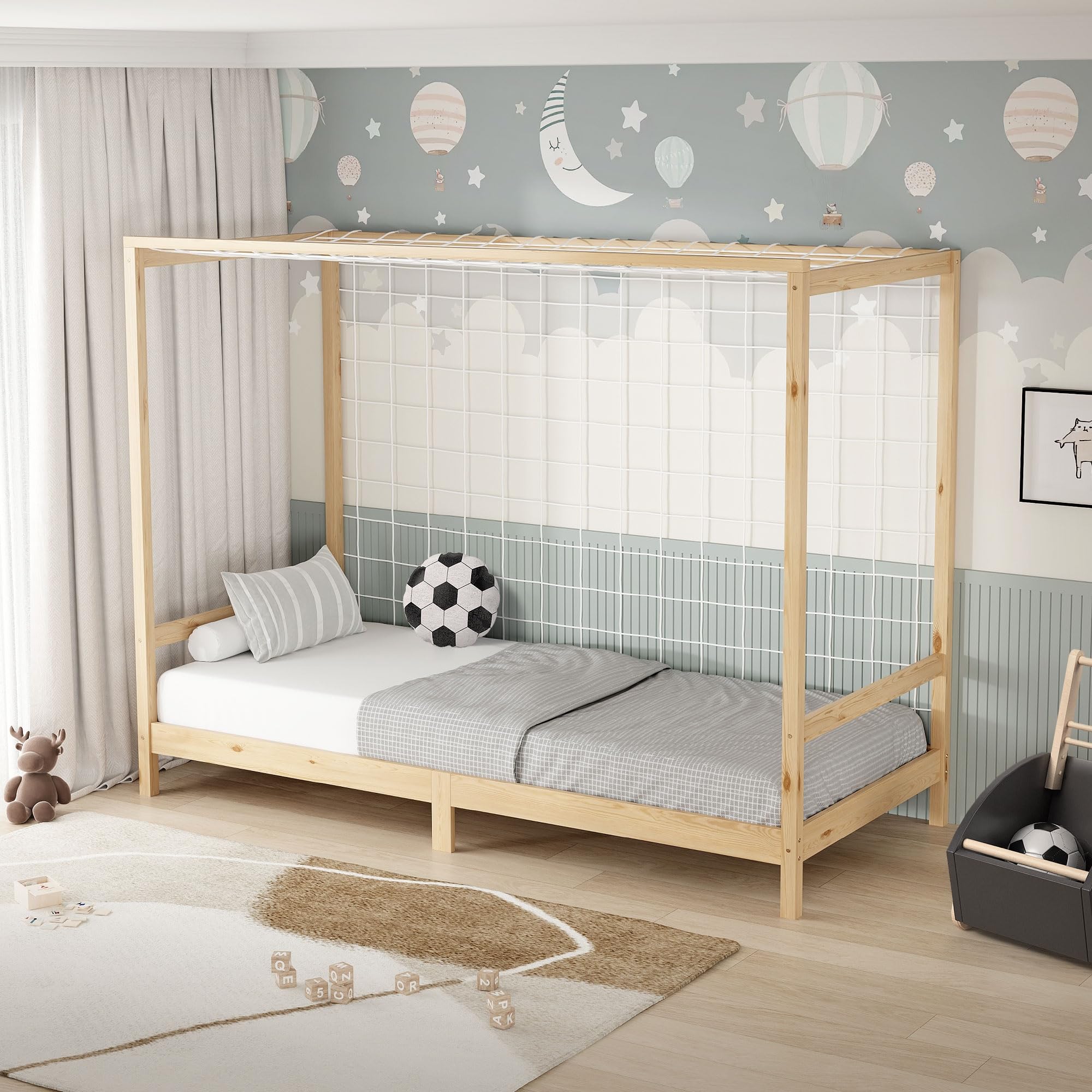 ML-Design Kinderbett Fußballtor 90 x 200 cm, Natur, Einzelbett für Kinder, Holzbett mit Lattenrost und Tornetz, Jugendbett aus Kiefernholz, Bettgestell Holzrahmen Spielbett Fußballbett-Tor Handballtor