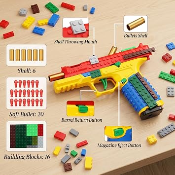BAZILBAZOS Foam Blaster Building Toys Kit, Educational DIY Assembly Set with Tactical Handle, Display Stand and Soft Darts, Safe Outdoor Play Birthday