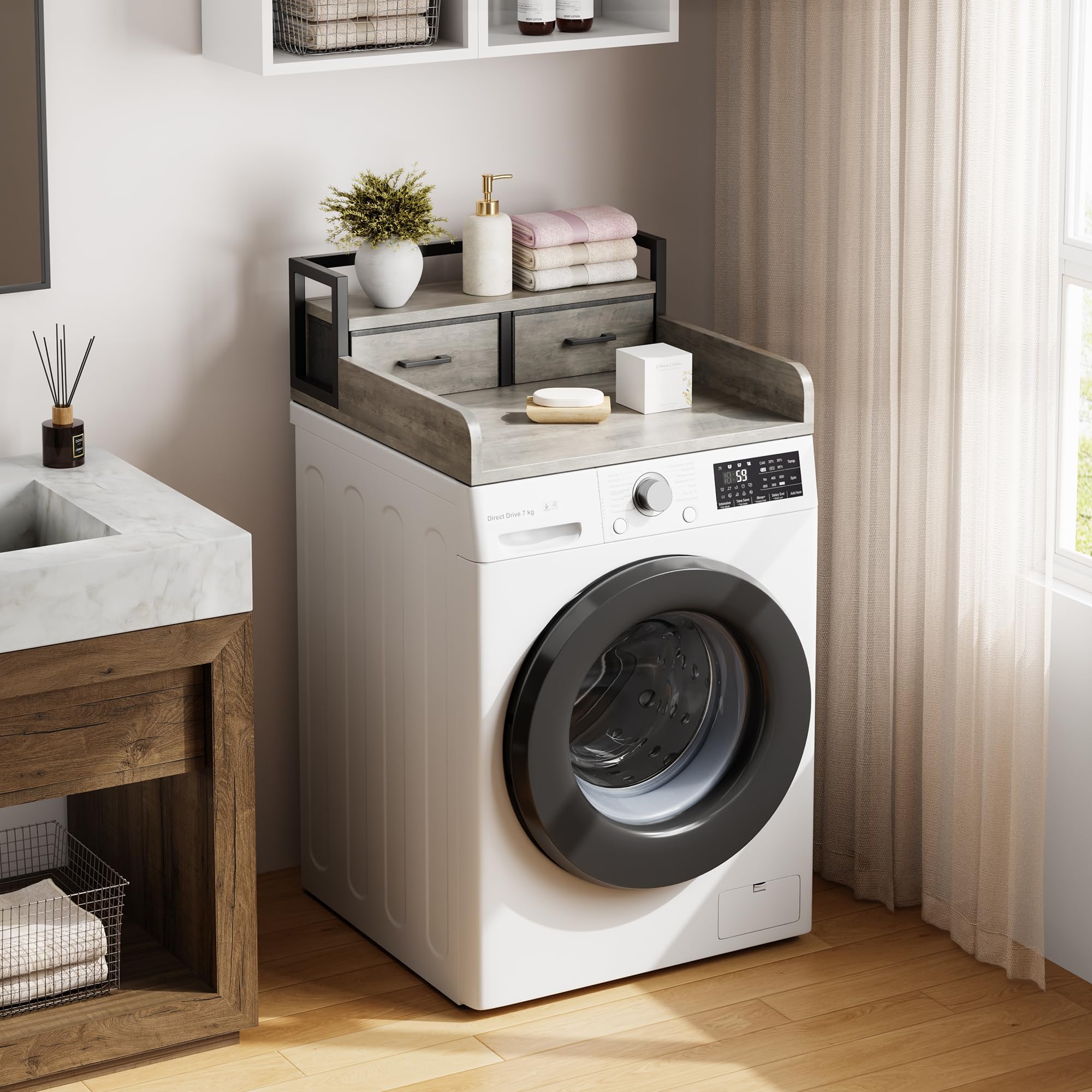 Étagère lave-linge 2 niveaux grise en bois avec 2 tiroirs de rangement