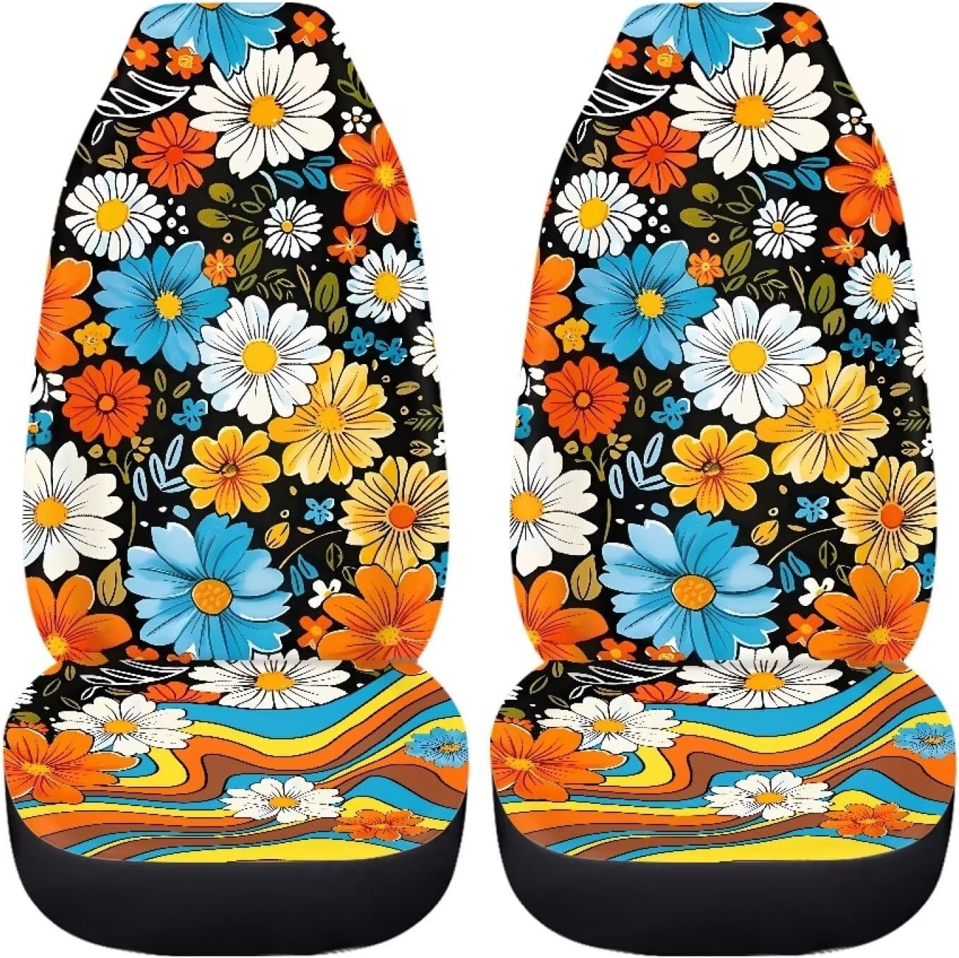 UNICEU Hippie Flowers Car Seat Covers Universal 2 Pcs Auto Front Seat Covers Fit Most Cars SUV Sedan Trucks