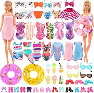 Lot 26 Pack Doll Clothes and Accessories Beach Bathing Set Including 5 Swimsuit 1 Bathrobe 2 Swimming Rings with 18 pcs Glasses Shoes Drinks for 11.5 inch Girl Dolls
