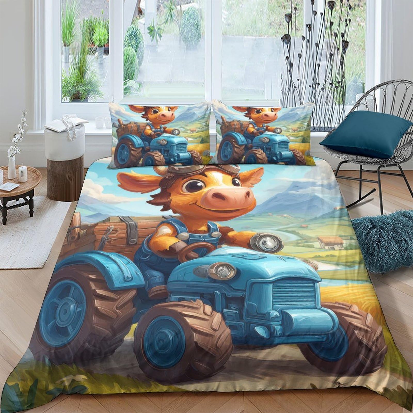 Ctjqhvkz Style-5 3D Printed Cartoon Cow Fitted Sheet Microfiber Blue Tractor Bed Cover For Bedroom Dorm Mattress Protection Decor Single（135X200cm）