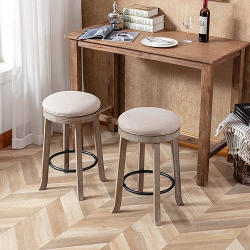 Miniatura 8 de DUOMAY Juego de 1 taburete de bar giratorio vintage francés taburetes de altura de mostrador de 26 pulgadas taburete de tela sin brazos con patas de