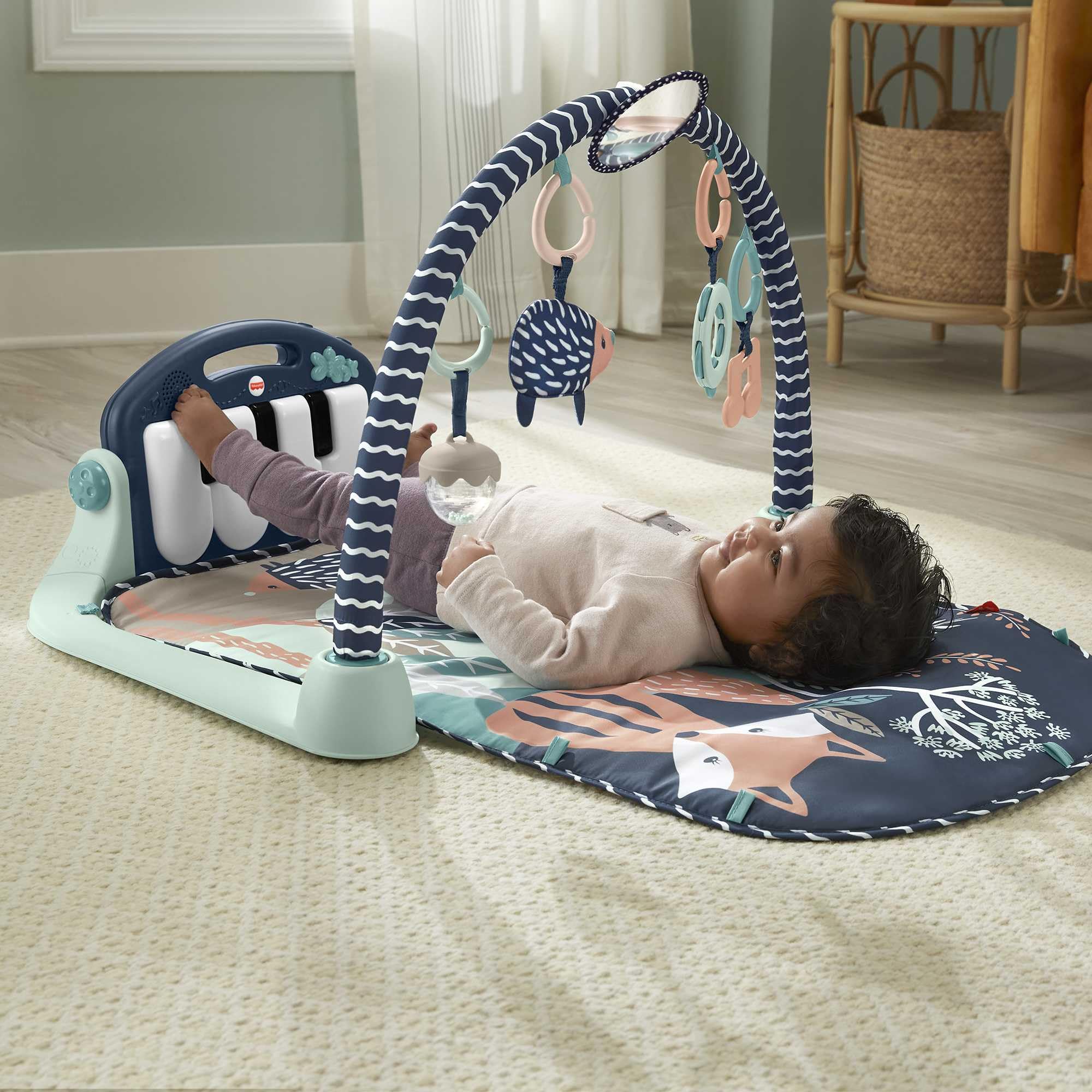 Fisher-Price - Palestrina Baby Piano Blu, Tappetino Pianoforte con 5 Giocattoli sensoriali posizionabili sull'arco per Il Gioco da sdraiati e specchietto Incluso, 0+ Mesi, JMN75