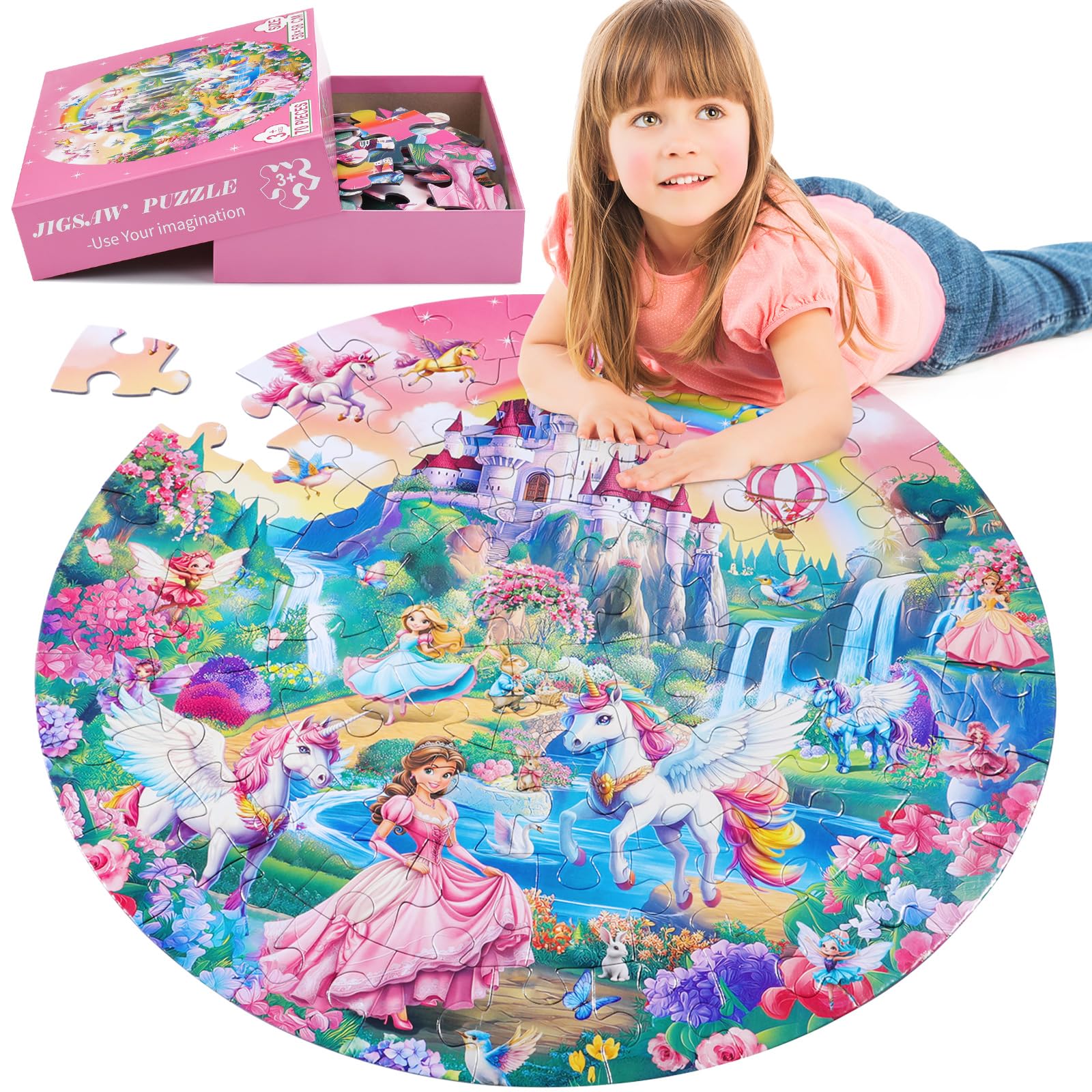 70 Piece Round Jumbo Floor Puzzle for Kids Ages 3-5, Unicorn