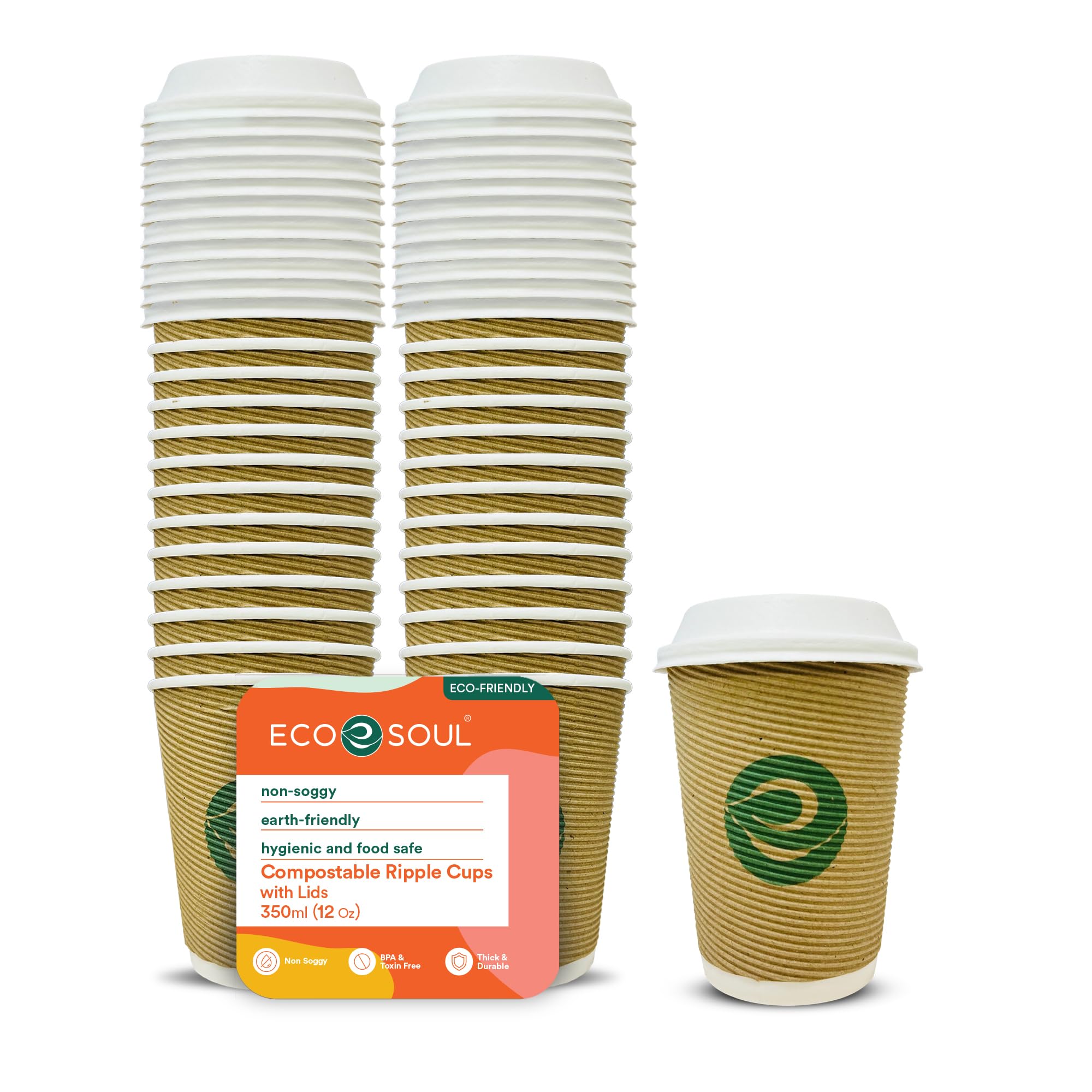 ECO SOUL | Paper Ripple Cups with Lid for Hot Beverages | 350 ml – Pack of 10 | Sturdy, Spill-Resistant, and Biodegradable | Triple-Layer Insulated Disposable Hot Cup for Tea and Coffee (Brown)