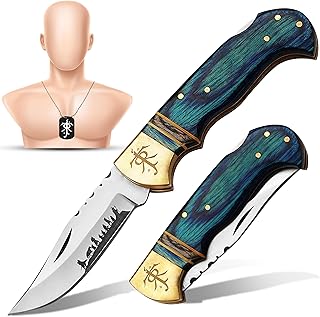 Folding Pocket knife 3.25" 420HC Blade,Pakka Wood handle Lord of Rings Symbol on Brass+Locket as a gift,Campimg folding pocket knives For Men,Women Aniversry,Friendship,Christmas Gift (Blue Sheath) - Huntex Smith