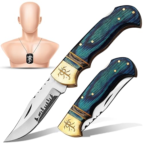 Huntex 3.25" Folding Pocket Knife, 420HC Blade, Pakka Wood Handle, Brass Lord of the Rings Symbol, EDC Tactical Knife with Gift Locket, Ideal for Camping, Survival, and Gifts (Blue Sheath)