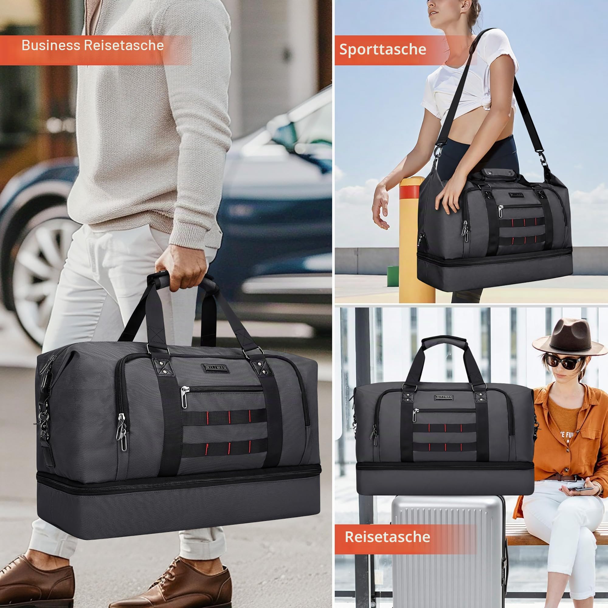 WITZMAN Reisetasche Herren 55L Nylon Weekender Duffle Bag mit Kulturbeutel | Mehrere Taschen mit Schuhfach und Nassfach, Handgepäck Flugzeug, Konvertierbar für Reisen, Sport, Weekender, B696 Silbergrau