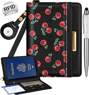 Airtag Passport Holder Cover Wallet Case for Travel Women - Leather RFID Blocking Passport Book Multiple Personalized Organizer Slim Portable Carrier Card Slots Protector Sleeve Cherry