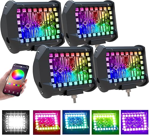 ASLONG 4 módulos LED de 4 pulgadas, barra de luz de inundación con halo RGB de persecución multicolor, 16 colores sólidos más de 92 modos