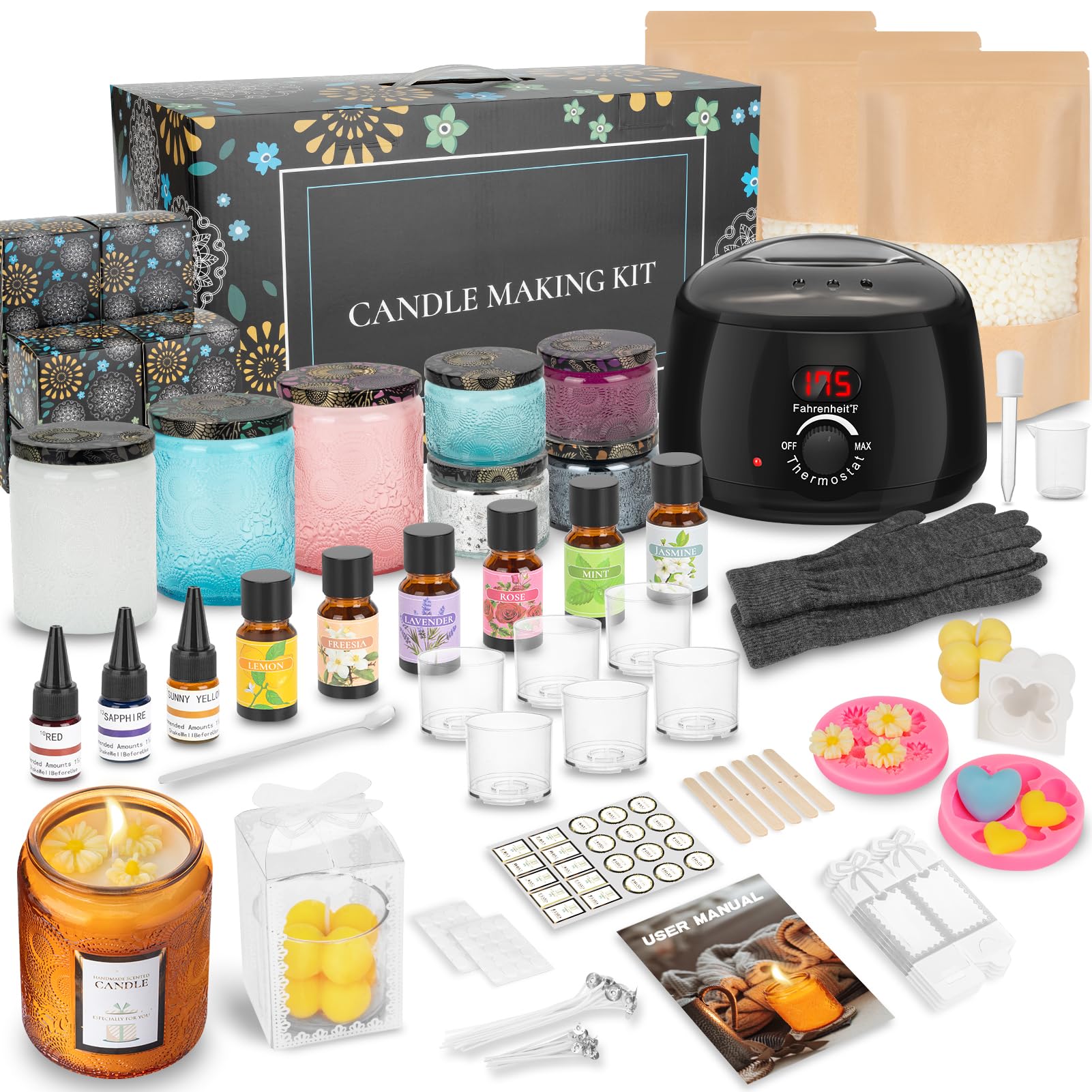 TECHMUR Kit de fabrication de bougies à faire soi-même, kit complet de bougies avec fondeur de cire électrique, 1200 g de cire de soja naturelle, huile essentielle, couleur de bougie, verres