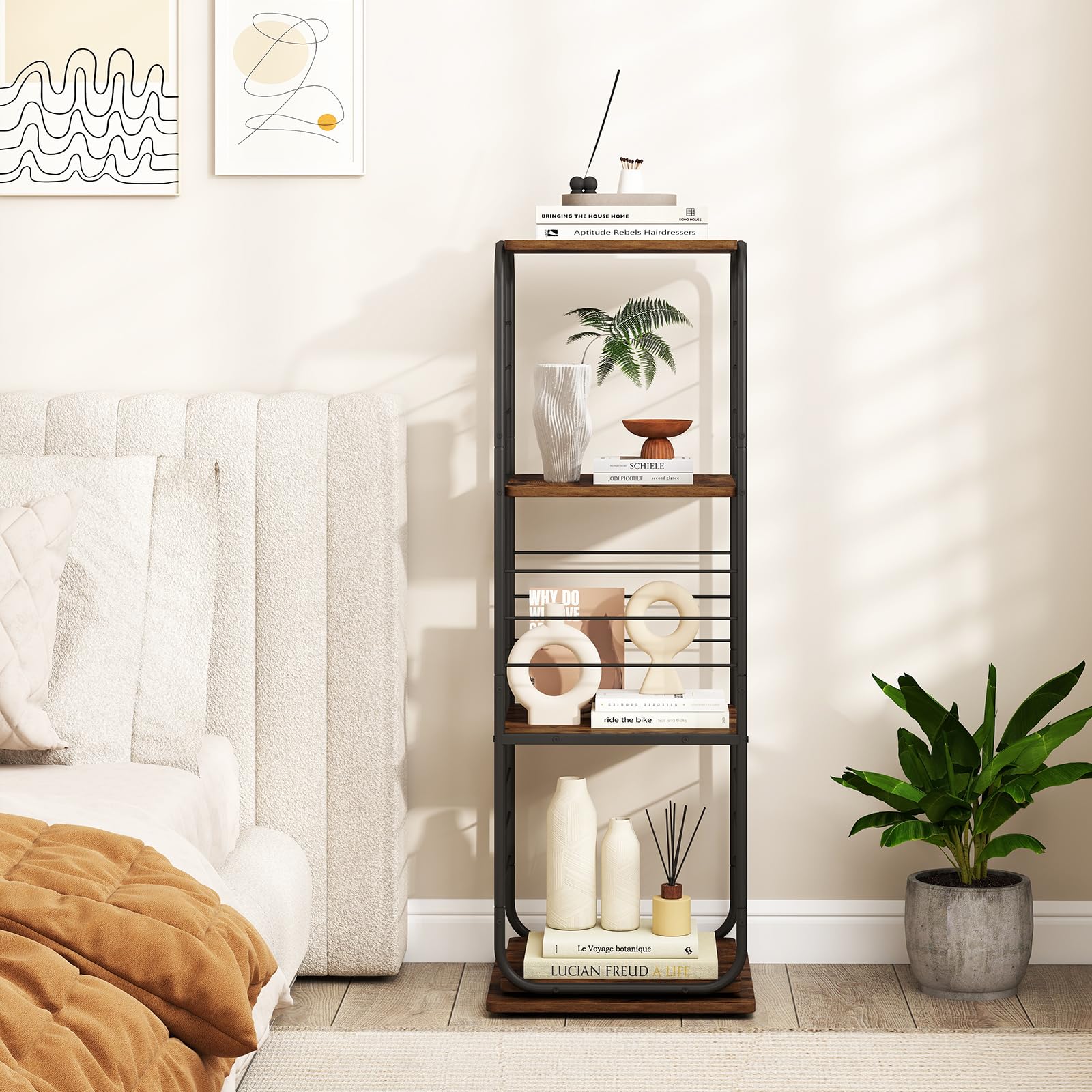 COSTWAY Meuble Rangement Vinyle à 4 Niveaux pour Disques Vinyles, Support Platine Vinyle pour Jusqu’à 210 Albums, Pivotant 360°, Meuble Tourne-Disque Vinyle en Métal, pour Salon (Marron Rustique)