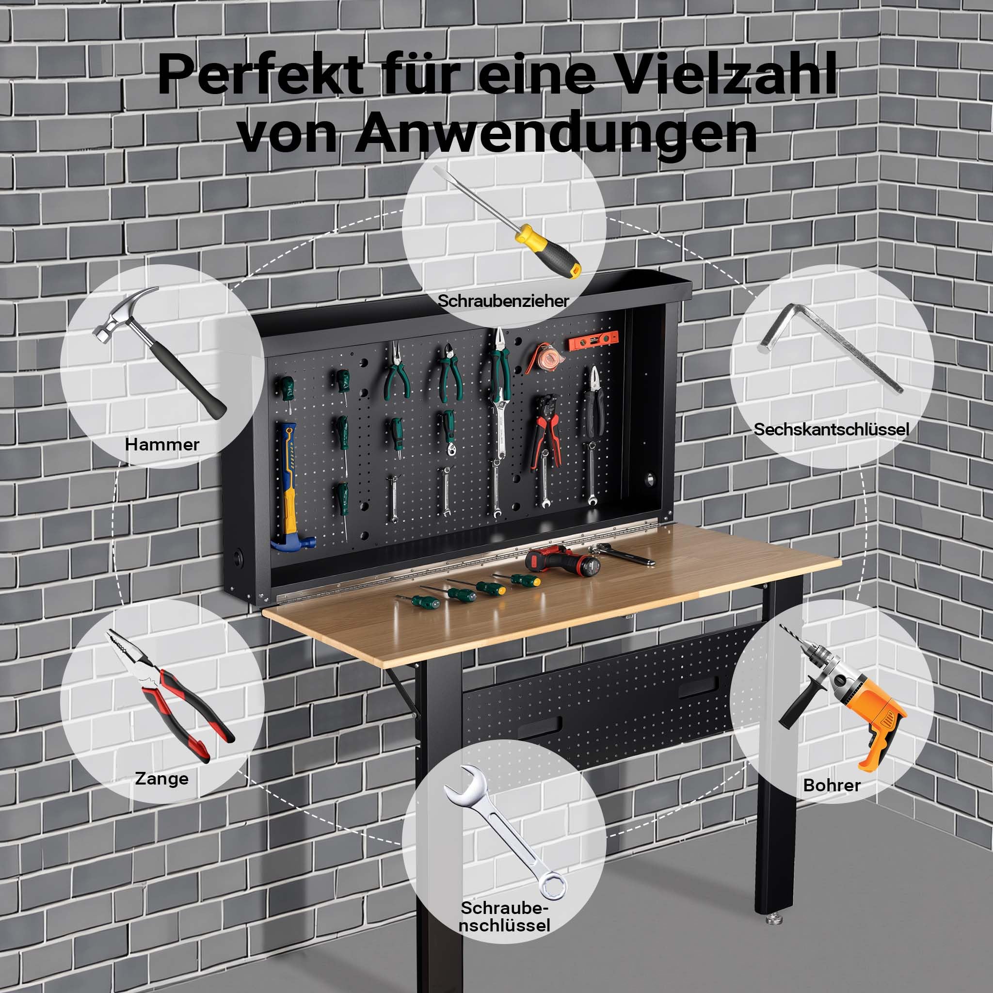 Wiltec Werkbank zur Wandmontage bis 200 kg, klappbare Werkzeugbank 120,5 x 82,5 x 162 cm mit Lochplatte als Rückwand, Werktisch mit Arbeitsplatte aus Holz