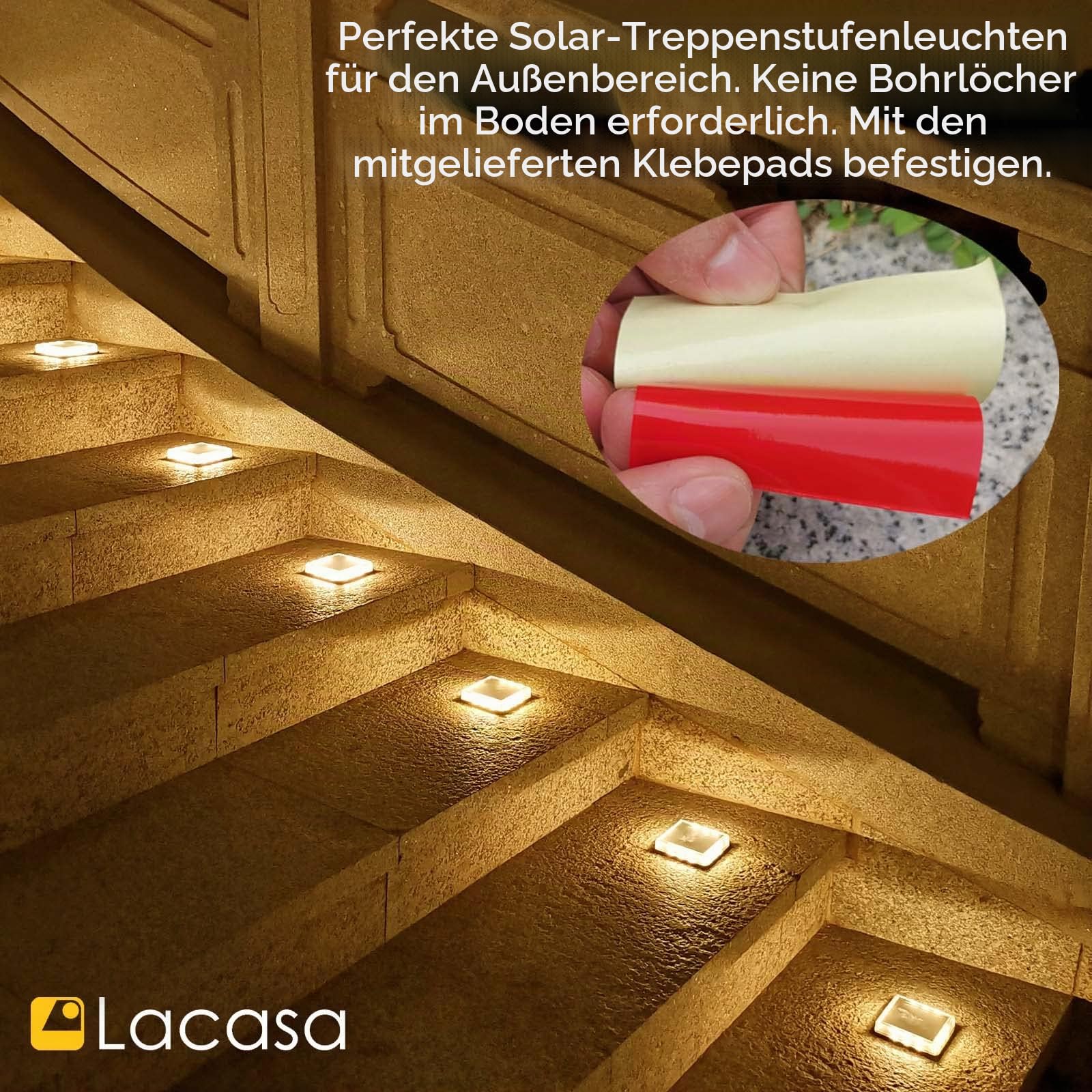 Lacasa Solar Bodenleuchten Aussen Solarleuchte Garten, 50LM LED Stufenleuchte 3000K Warmweiß Treppenlicht Außen Wasserdicht IP68 für Gehweg Weg Treppe, Eckig, 4 Stück