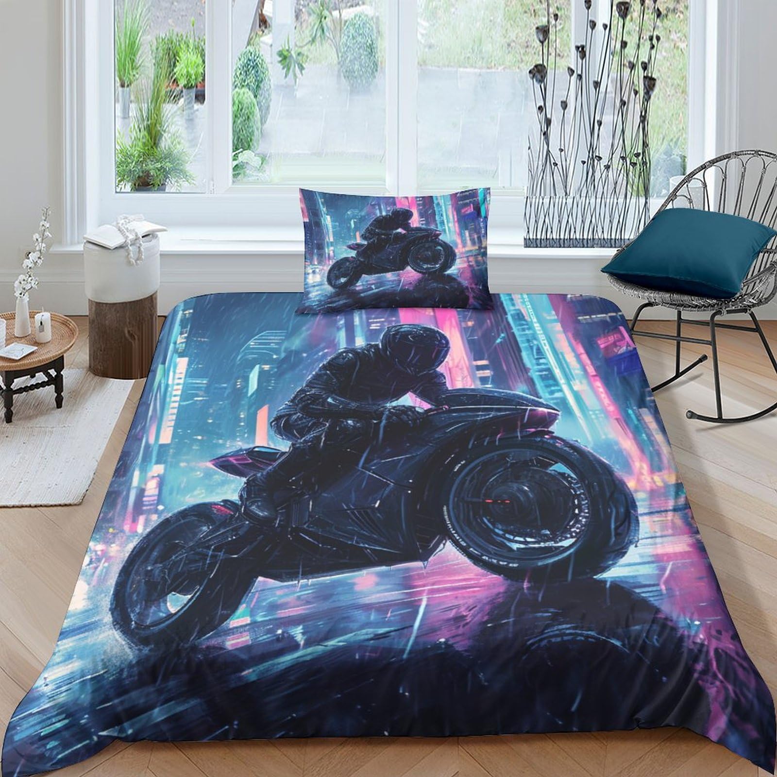 Parure de lit moto imprimé 3D en microfibre avec housse de couette 135x200 et taies d'oreiller