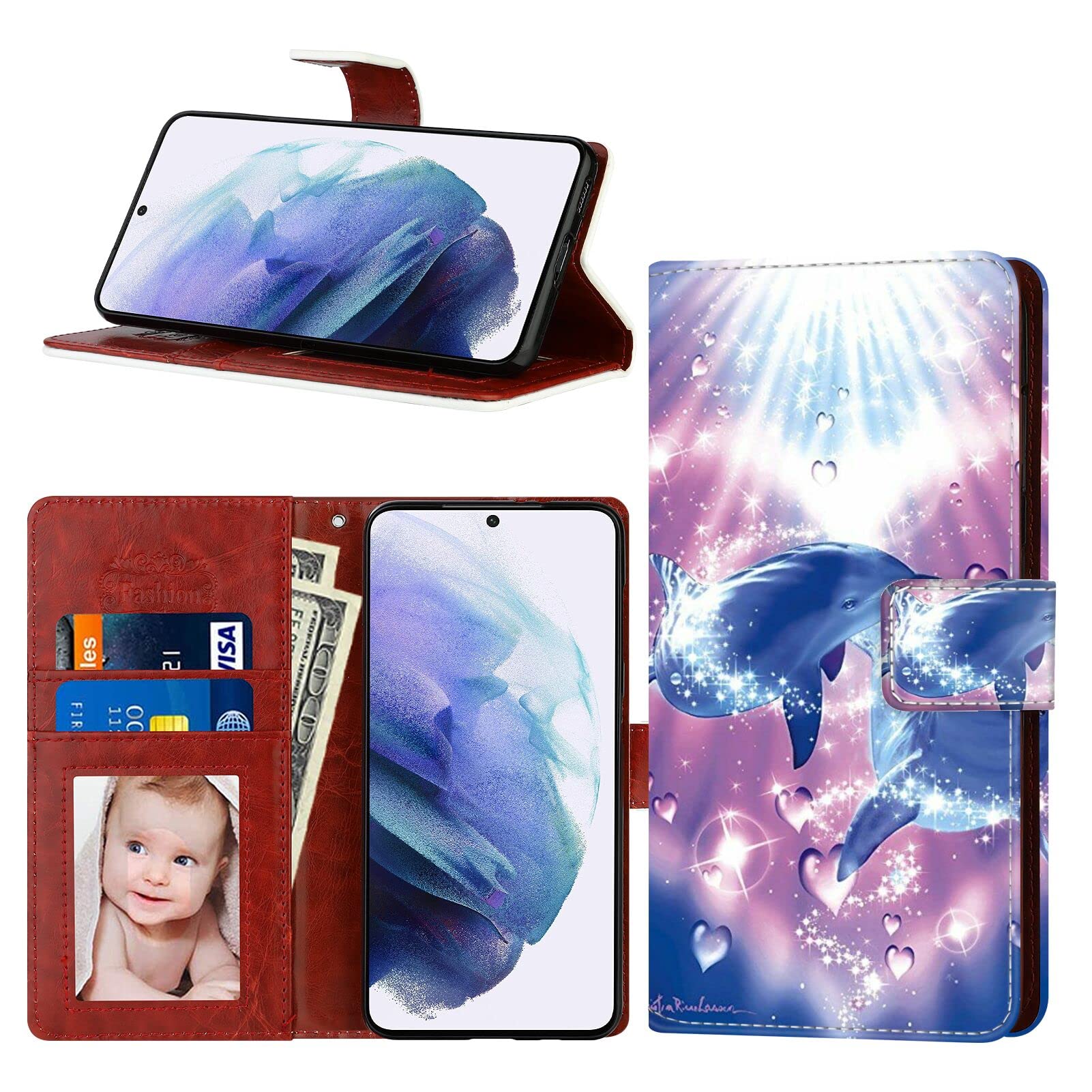 for iPhone 12 Pro Max or iPhone Pro Max 12 Wallet Case Dolphins in Love Case Compatible with iPhone 12 Pro Max [6.7"] Soft PU Leather Shockproof Flip Cover Card Slot with Wristbands for Women