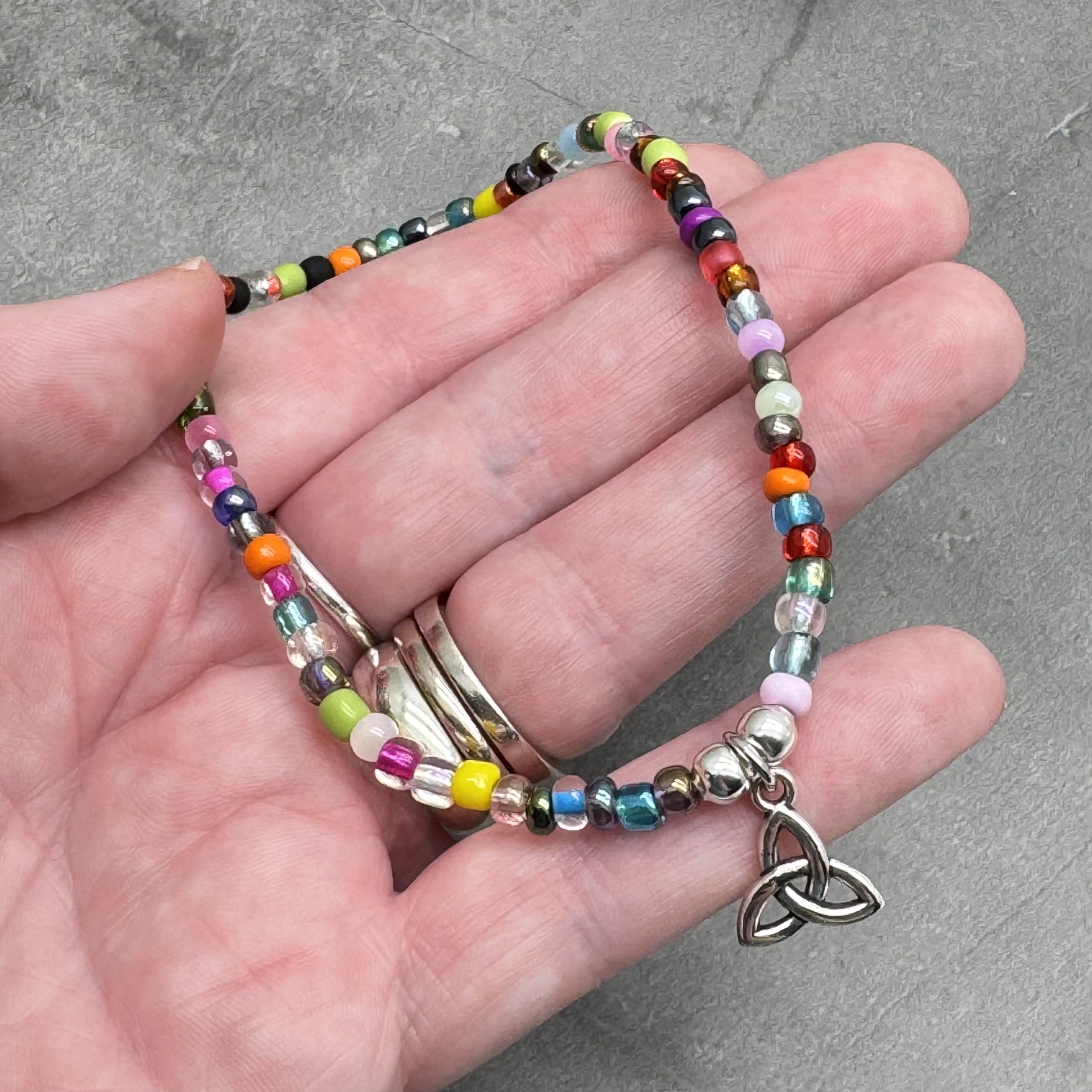 Celtic Knot Charm Beaded Anklet, Multi-Colour Glass Seed Bead Mix with Silver Tone Charm : Size M/L 10 inches - Image 3