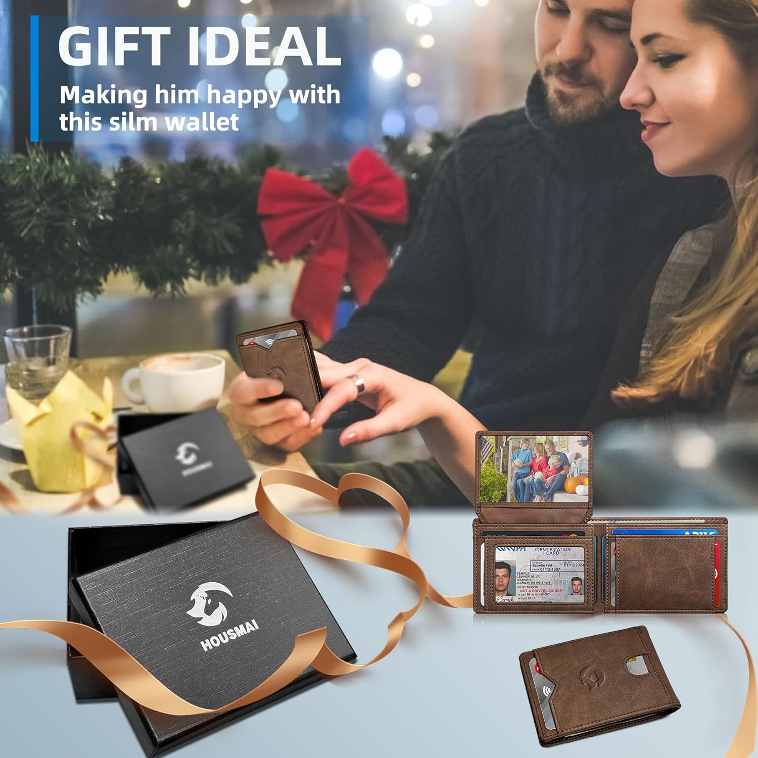 Wallet for Men Wallet with Cash Pocket 2 ID Window 13 Cards,Slim Leather Wallet Front Pocket Card Holder RFID Blocking with Gift Box - Image 7