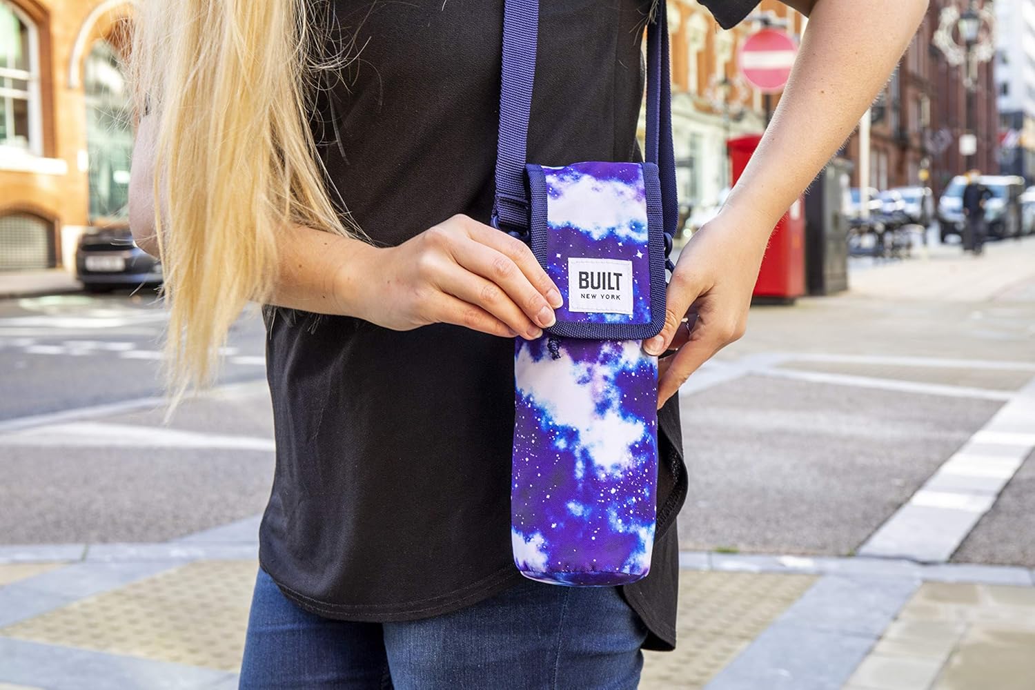 BUILT Insulated Bottle Bag with Shoulder Strap & 'Galaxy' Design, 100 percent Polyester with Food Safe PEVA Lining, Multi Colour, 9 x 11 x 25cm