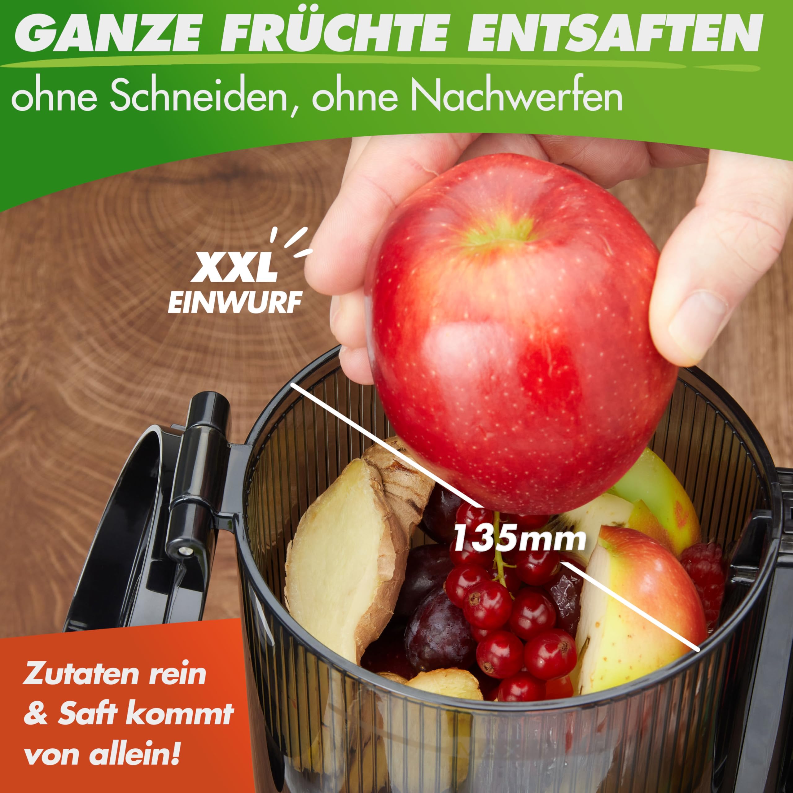 Nutrilovers Slow Juicer NUTRI-PRESS MAX Ganze Früchte entsaften Entsafter mit XXL 135 mm Öffnung, BPA-frei inkl. Saft-Flasche, Slow Juice Rezeptbuch