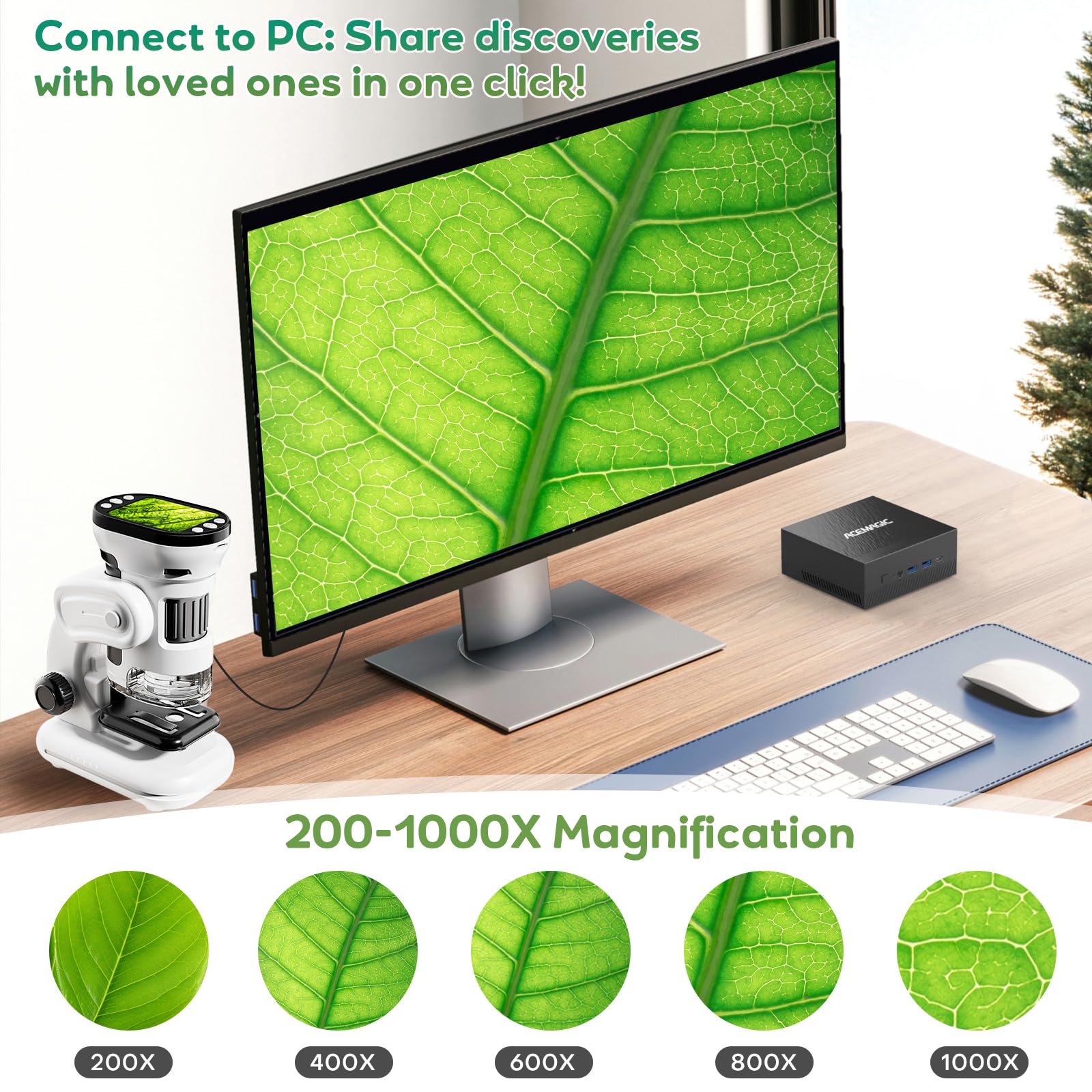 3 en 1 Microscopio Digital para Niños 1000X Portátil con Pantalla 2.0" 6 Luces LED Ajustables Incluye 14 Muestras Preparadas y Tarjeta de 32 GB Navidad y Cumpleaños