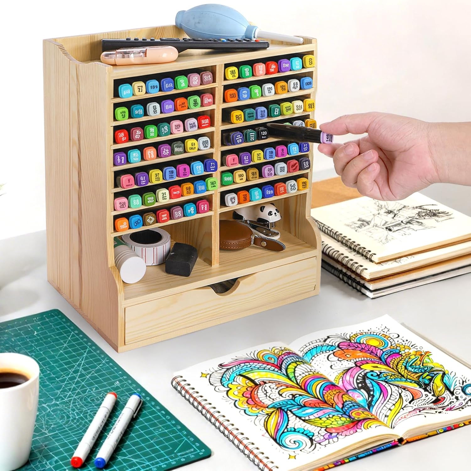 Dicunoy Wooden Marker Organizer Rack, Hold 98 Markers Holder with Drawer, Desktop Sturdy Art Supply Storage Caddy for Colored Pencils, Art Brushes, Home, Classroom, Office, No Assembly Required