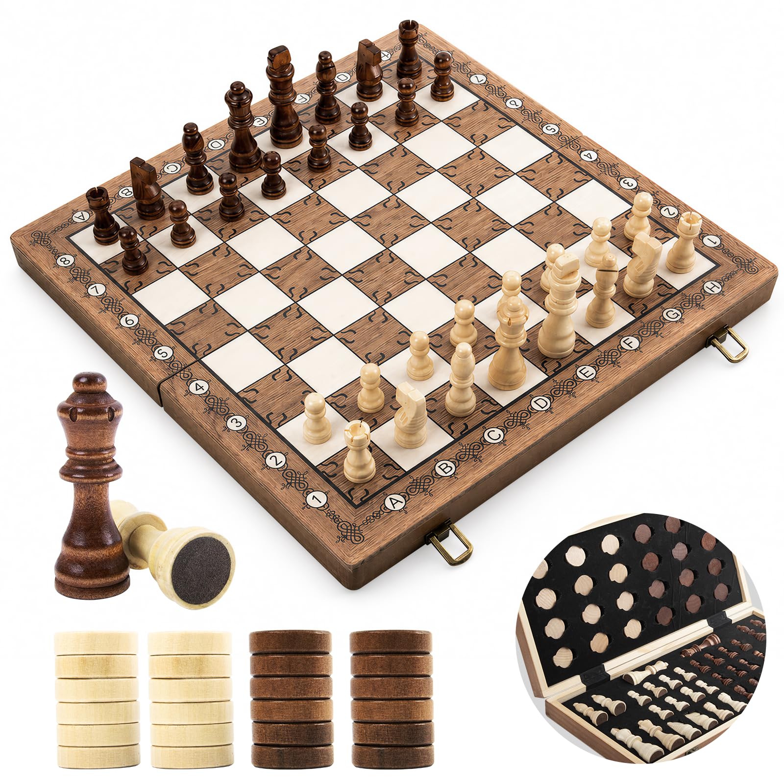 2-in-1 Magnetic Wooden Chess & Checkers Set, Foldable Travel Board