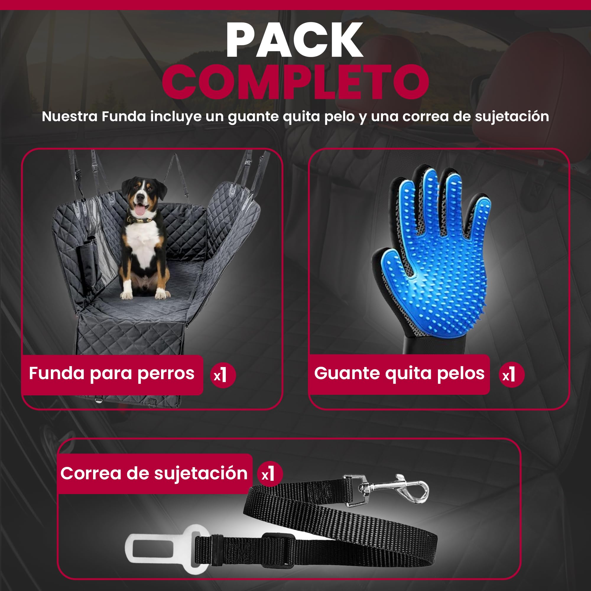 SweetSolutions© Funda Coche Perro | Protector Coche Perros Asiento Trasero | Impermeable y Resistente | Cubre Asientos Protector | Ventana de Malla Visible y Cremallera | Incluye Correa y Guante |