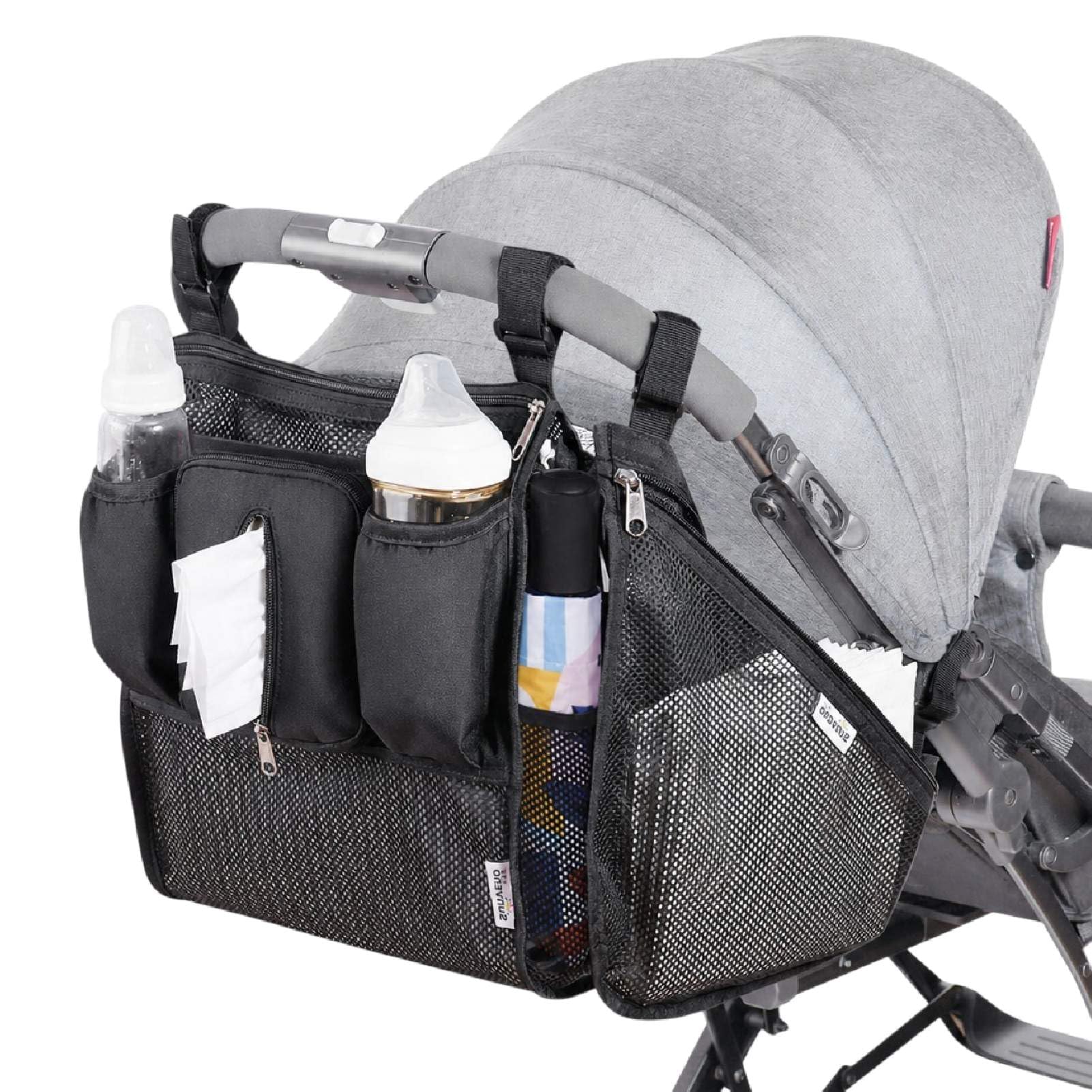 SUNVENO Organizer universale 2 in 1 per passeggino, portabicchieri isolati, tasca per telefono/polso con cerniera, tracolla laterale in rete, cinghie antiscivolo regolabili, si adatta alla maggior