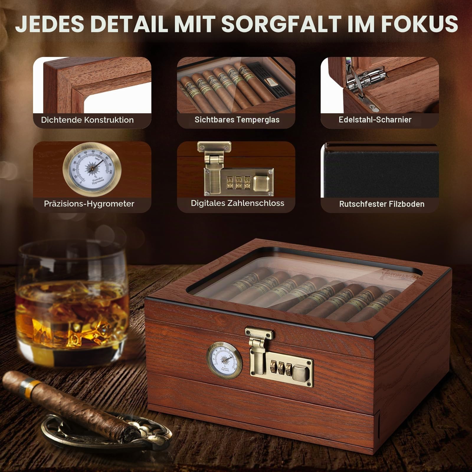 Tesonway Zigarren-Humidor, Zedernholz Humidor Zigarrenbox, Glasplatte Desktop Humidor mit Front-Hygrometer, Luftbefeuchter, Trennwand, Zubehörschublade und Zahlenschloss, Hält 20-35 Zigarren (Braun)