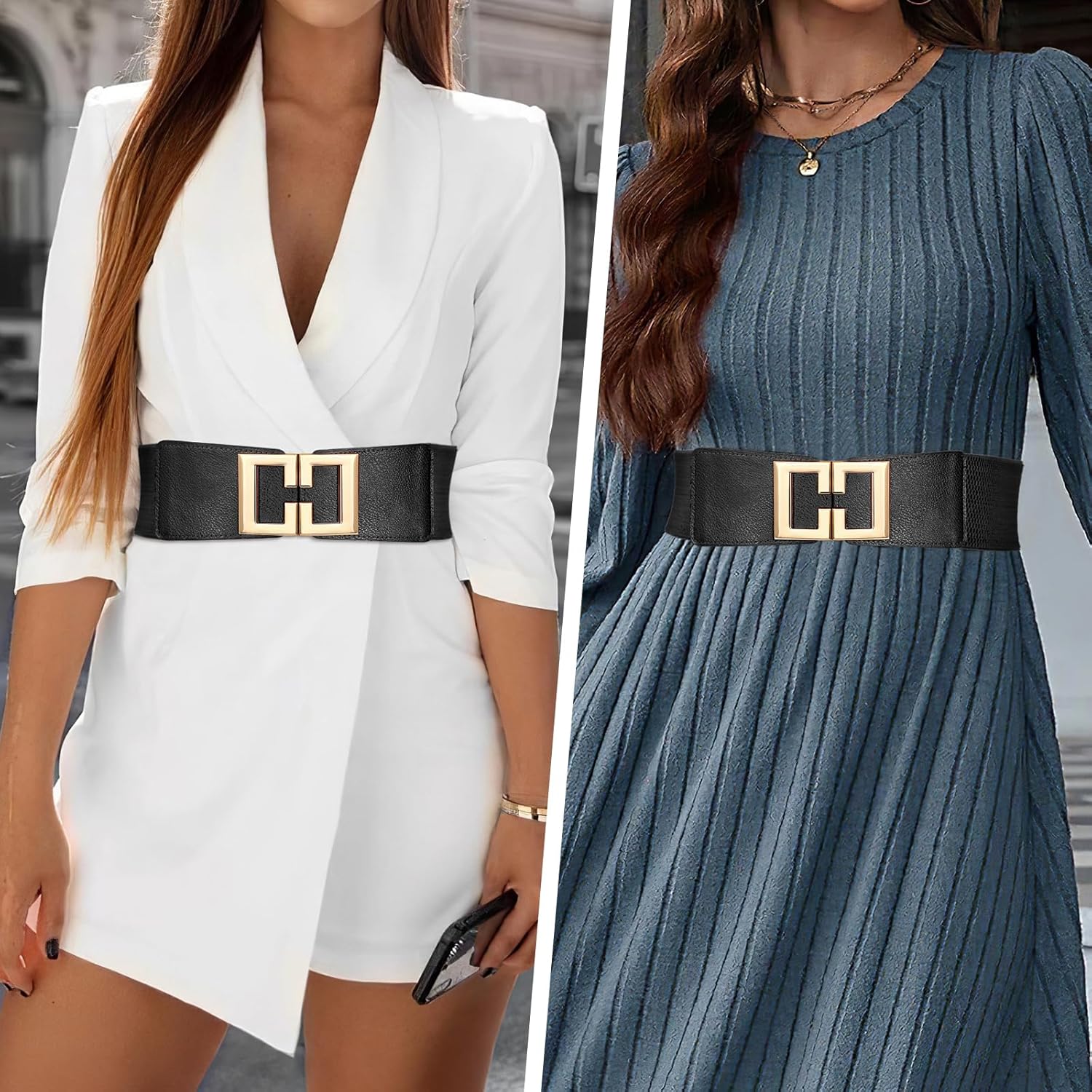 Wide Elastic Belts for Women Dresses Fashion Stretchy Waist Belt with Gold Buckle - Image 2