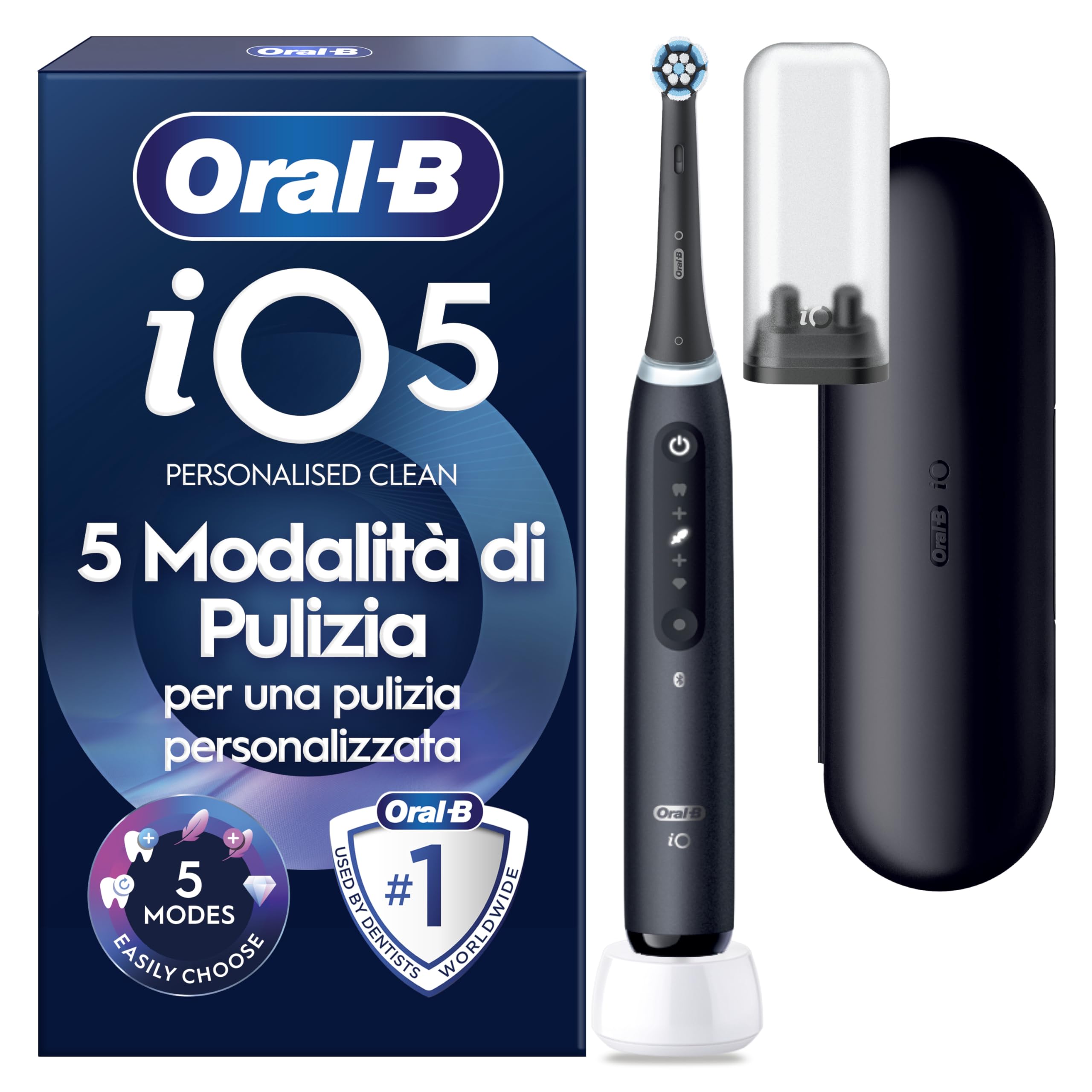 Oral-B iO 5 Spazzolino Elettrico Ricaricabile, 1 Testina di Ricambio, Nero - 1 Testine di Ricambio per Spazzolino Elettrico, Custodia da Viaggio, Gengive Protette, Pulizia Denti Efficace