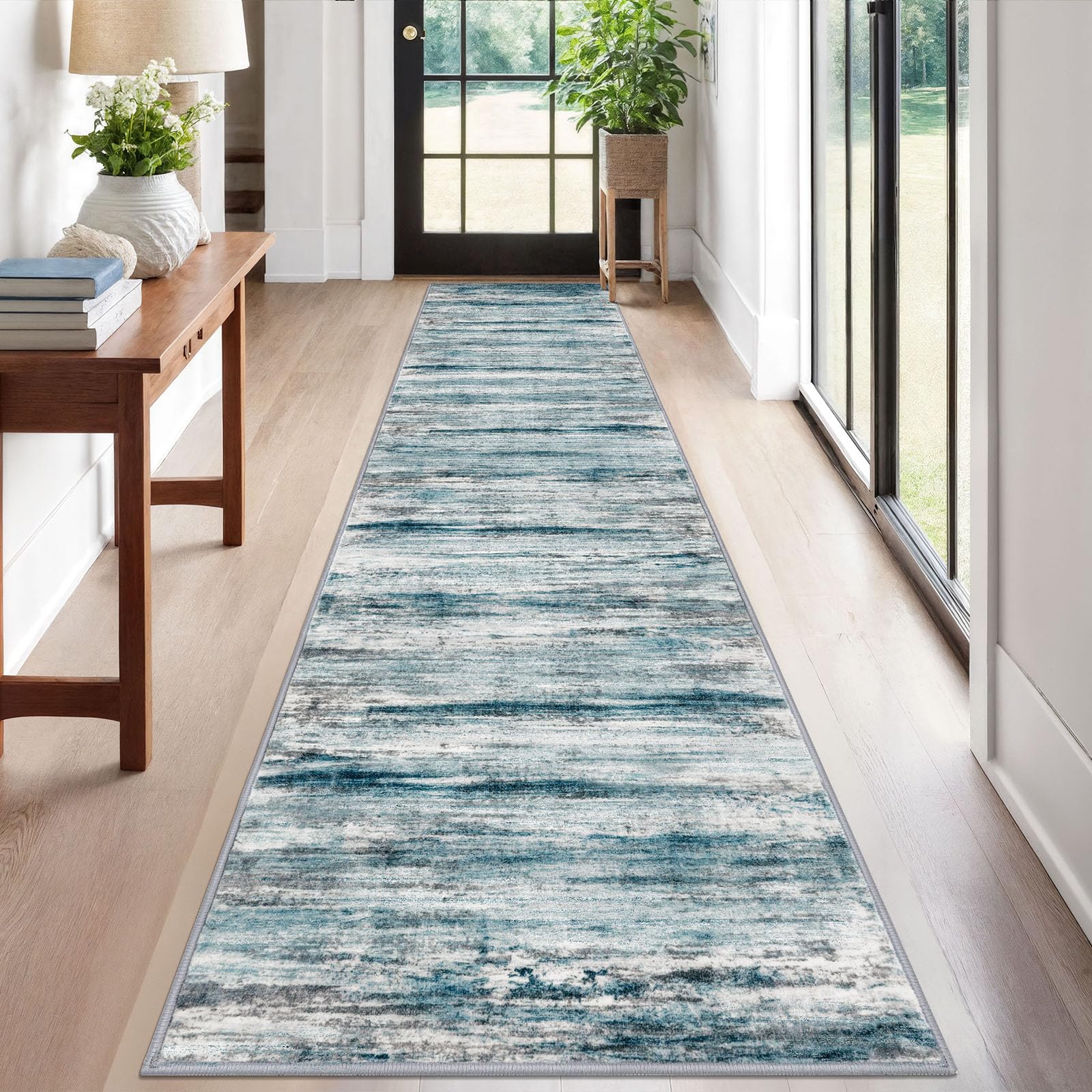 KOZYFLY Modern Abstract Hallway Runner, 2x12 Washable Rug Runner Non-Slip Soft Striped Kitchen Runner Rug, Light Blue Print Carpet for Entryway Bathroom Laundry Room Foyer — image 1
