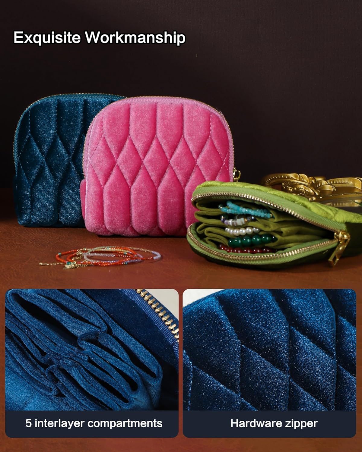 Small Travel Jewelry Case, Mini Travel Jewelry Bag with Zipper, 5-Layer Velvet Organizer Pouch for Bracelet Rings Earrings - Diamond Stitched Velvet Navy Blue - Image 5