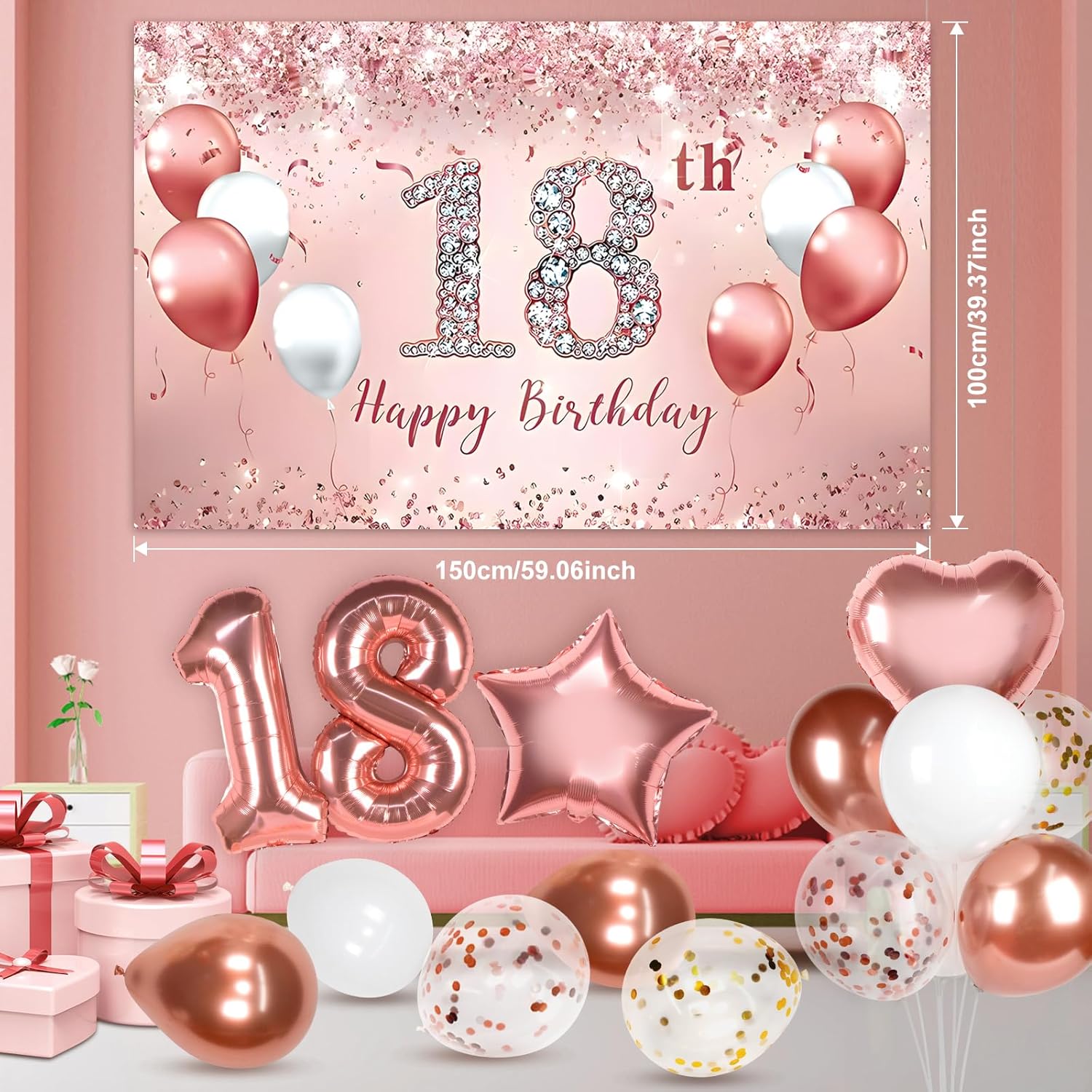 18th Birthday Decorations for Girls, Rose Gold Party Decorations Include Balloons, Backdrop, Curtains, Banner, Sash, Crown, Tablecloth, Plates, Cake Toppers for Women Girls Princess Queen Party - Image 5