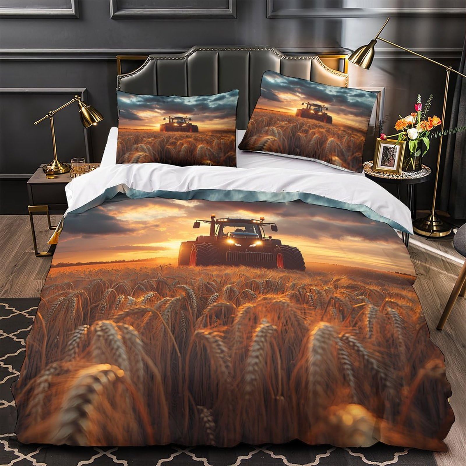 Housse de couette tracteur et ferme 220x240 cm parure de lit microfibre king pour chambre enfant