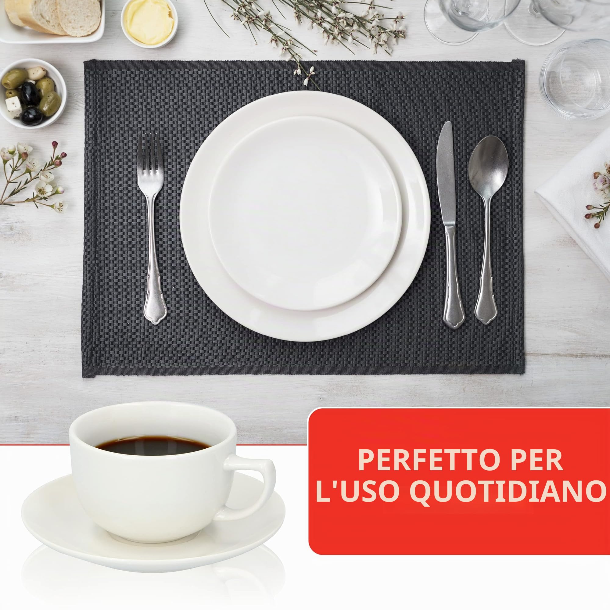 alpina Set Piatti per 8 Persone - Servizio Piatti Ceramica di 40 Pezzi - con Piatti per Colazione, Piatti da Pranzo, Ciotole, Tazze e Saucer - Adatto per Lavastoviglie e Microonde - Bianco