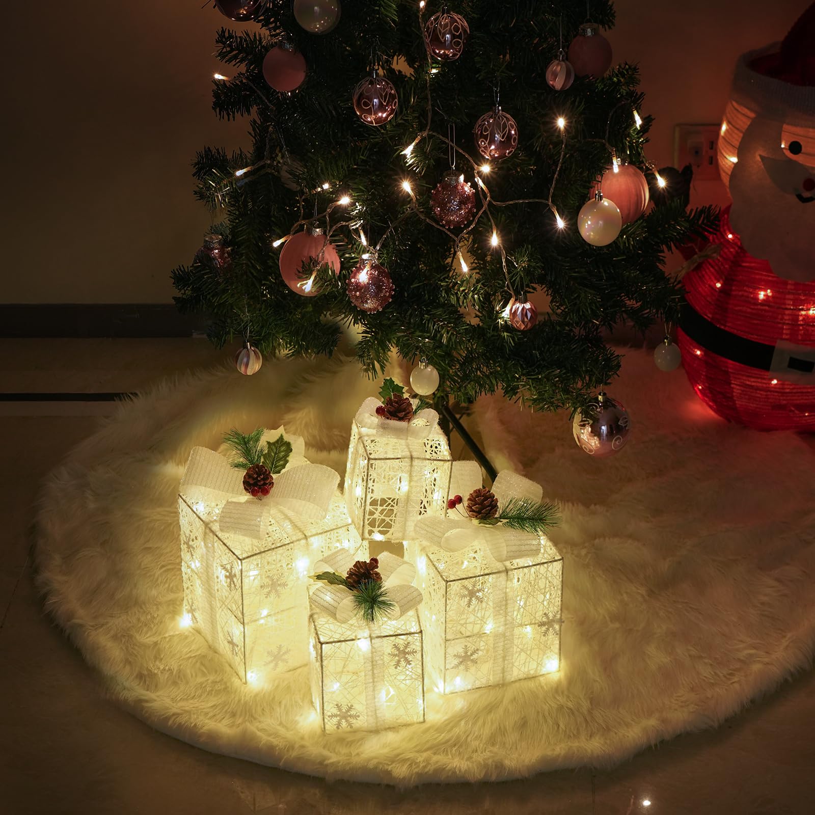 COVFEVER Set of 4 Christmas Lighted Gift Boxes, Pre-lit Light up Present Set with Different Sizes for Holiday Indoor Outdoor Decorations - Battery Operated (Pink): Snowflake