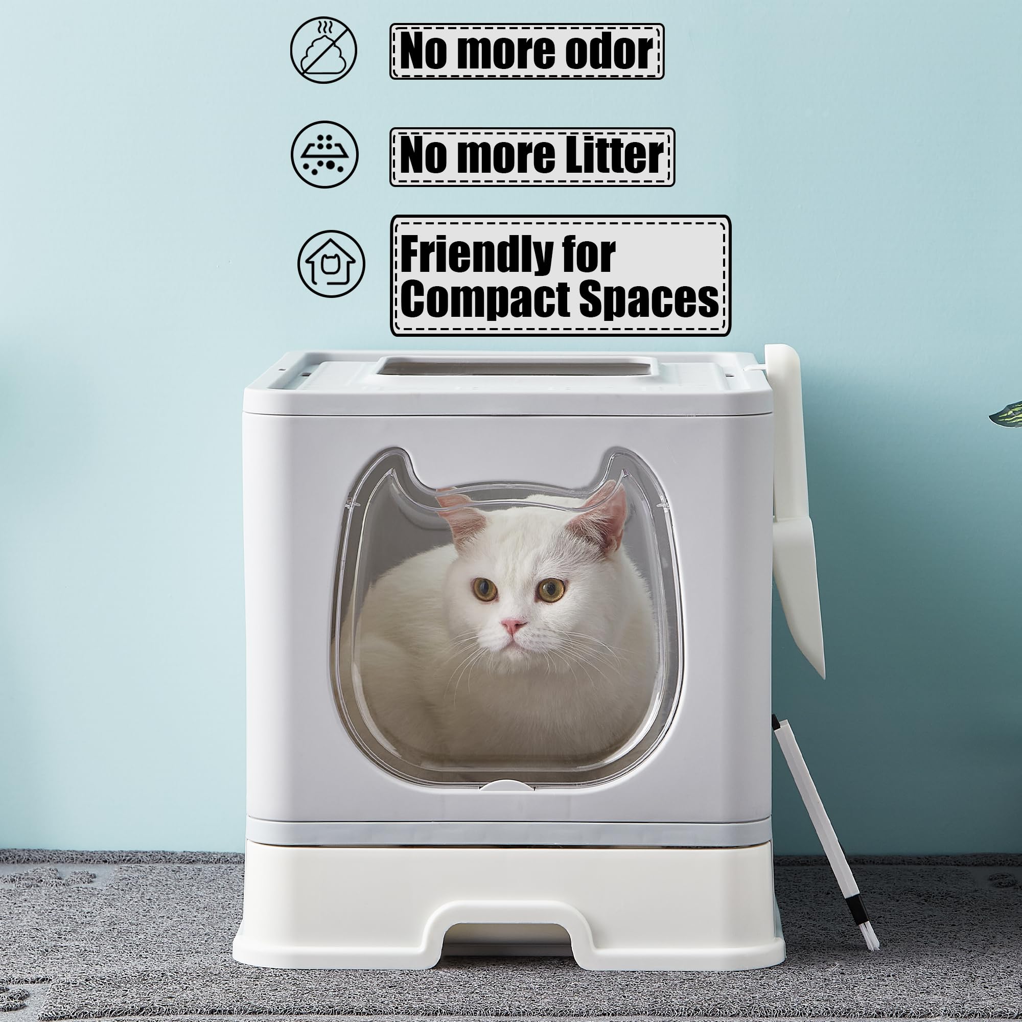 Vealind Caja de arena plegable para gatos con tapa, cajas cubiertas de arena para gatitos con cuchara y cepillo, caja de arena cerrada para gatos con bandeja de arena
