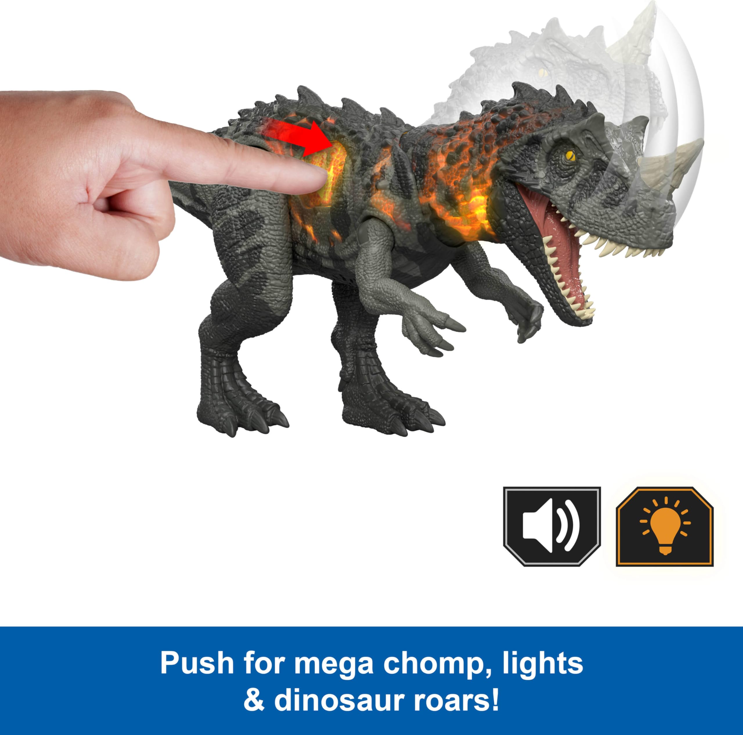 Mattel Jurassic World Ceratozaur Ryczący dinozaur Figurka dinozaura, wielokierunkowy atak paszczą i dźwięk, zabawka interaktywna do ustawiania w różnych pozach, dinozaur zabawka dla dzieci 4+, JKL77