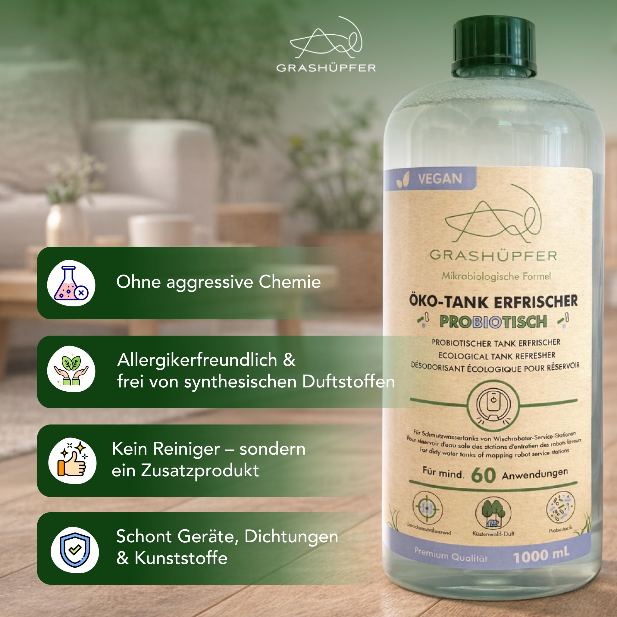 GRASHÜPFER® Deodorante per cisterna ecologica per serbatoi di acqua sporca [PROBIOTICO] – Elimina gli odori di muffa nel serbatoio dell'acqua sporca biologico [Profumo Balesta costiera] – 1000 ml