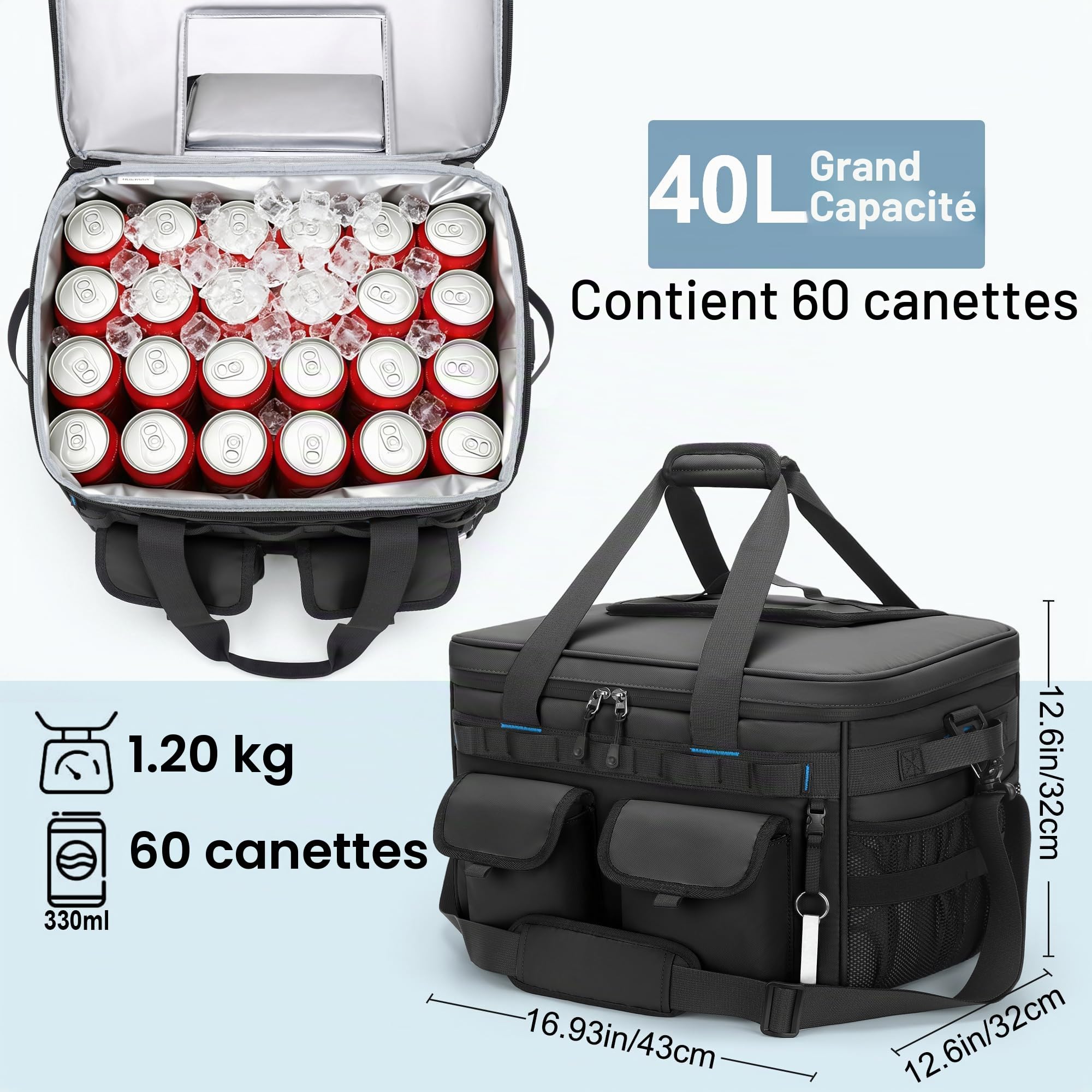 Sac Isotherme, 40L Grande Glacière Souple Isotherme Pliable, Sac de Pique Nique Imperméable et Anti-Fuites