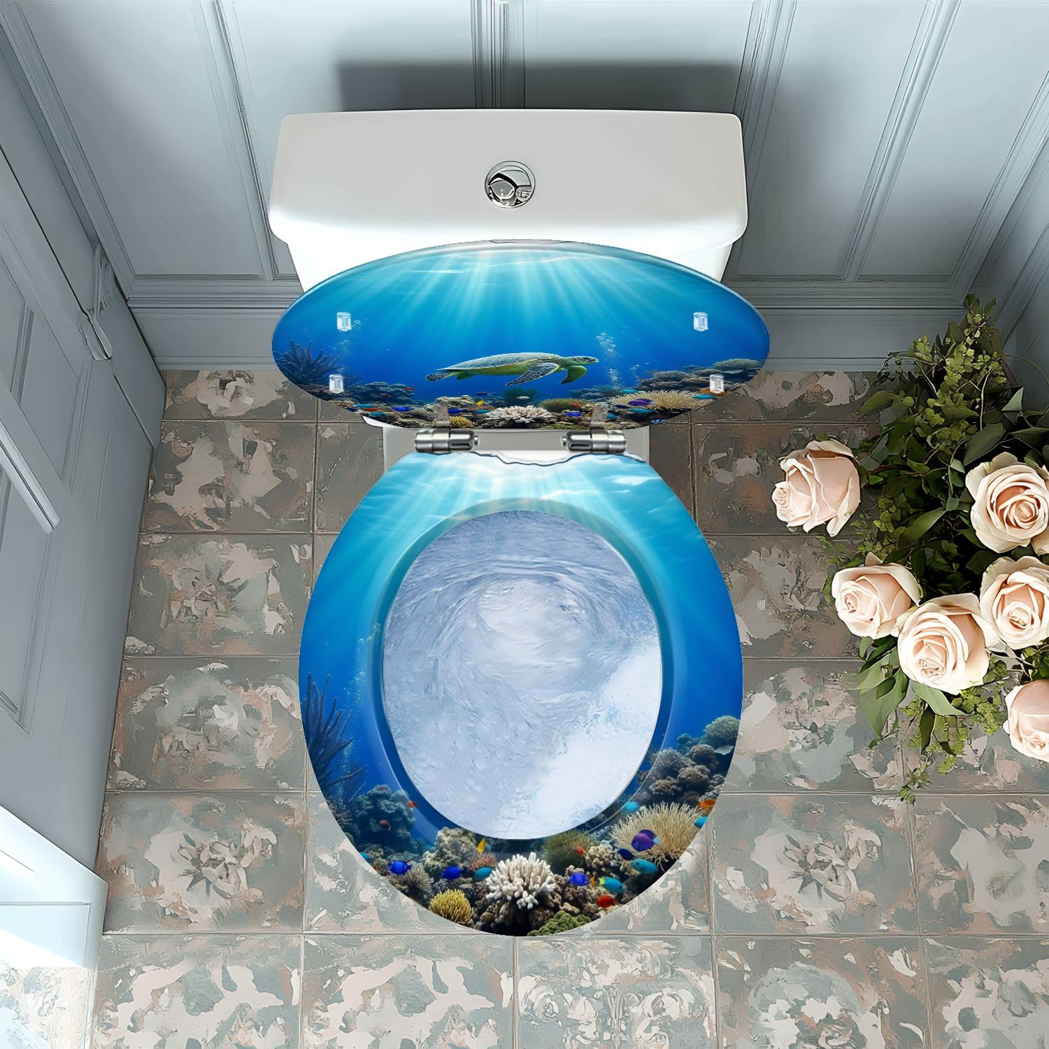 Asiento de inodoro redondo decorativo, estampado de vida marina, cierre suave, para baño.