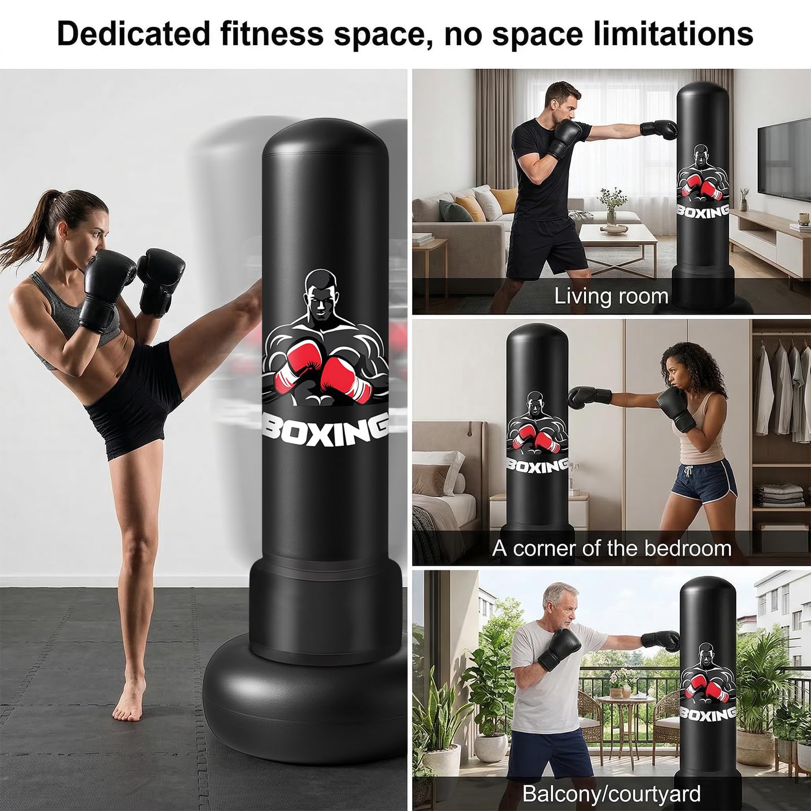 Oziral Sac de Frappe autoportant pour Adultes 180 cm Sac de Boxe Gonflable avec Support PVC épais Gants de Boxe Noirs et Pompe à air – Entraînement à Domicile pour MMA Muay Thai Kickboxing - 4